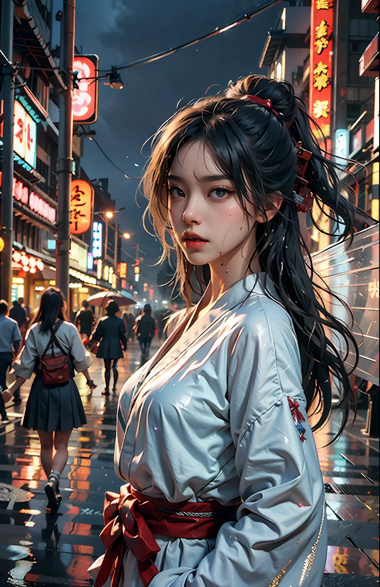 (Masterpiece, Best quality, CG:1.2), Breathtaking schoolgirls, (Long silver hair:1.1), piercing blue eyes, (Samurai school uniform:1.2), Crimson Obi, (Sparkling silver katana:1.3), heavy rain poured, Wet streets of Tokyo, (sparkling reflections:1.2), Blurry city lights, towering skyscrapers, (Futuristic neon signboard:1.1), Misty atmosphere, (Dragon umbrella:1.2), Fierce expression, Dynamic stance, Middle pendulum, Splashing water, Intense action, Moody palette, epic battle scene, Movie Angle, view the viewer.