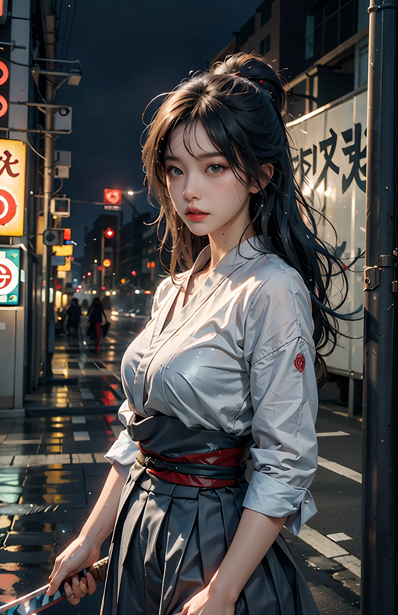 (Masterpiece, Best quality, CG:1.2), Breathtaking schoolgirls, (Long silver hair:1.1), piercing blue eyes, (Samurai school uniform:1.2), Crimson Obi, (Sparkling silver katana:1.3), heavy rain poured, Wet streets of Tokyo, (sparkling reflections:1.2), Blurry city lights, towering skyscrapers, (Futuristic neon signboard:1.1), Misty atmosphere, (Dragon umbrella:1.2), Fierce expression, Dynamic stance, Middle pendulum, Splashing water, Intense action, Moody palette, epic battle scene, Movie Angle, view the viewer.