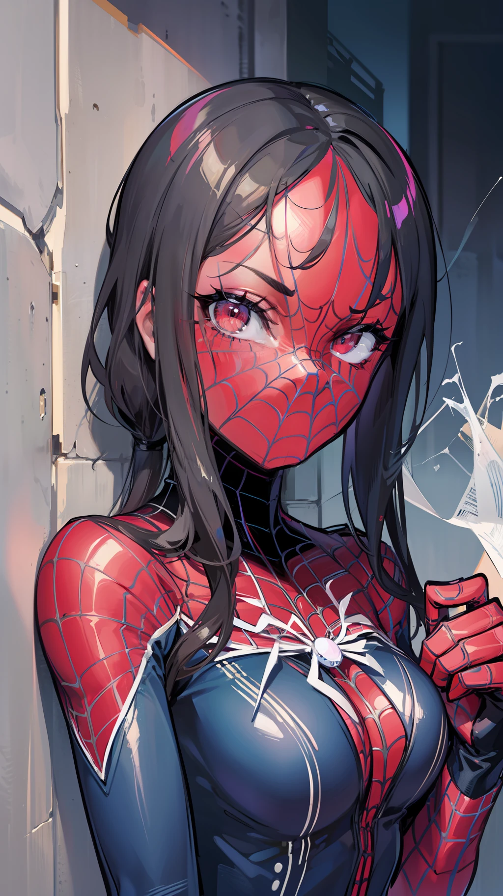 Female Spider-Man,Adsorbed on the wall,looking at viewert