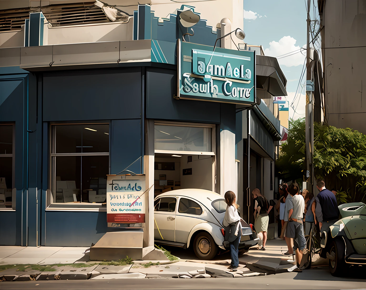 --Volkswagen Beetle cars entering a pharmacy building at an avenue intersection with people outside it, foto realista de acidente de carro