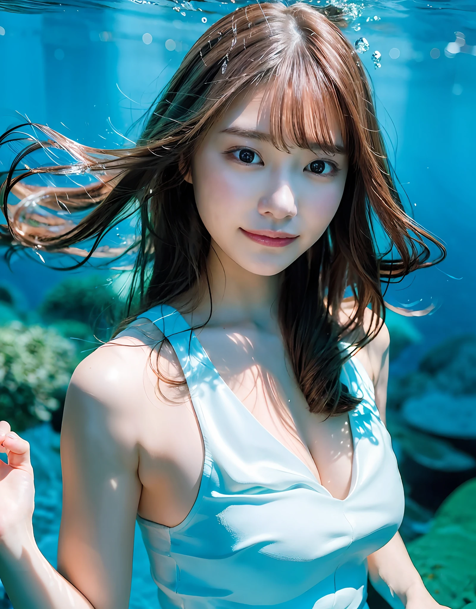「Draw a figure of a beautiful beauty swimming in crystal clear water。She moved freely in the water.、Swimming gracefully while feeling the power of water。

Water is highly transparent、The sunlight is sparkling and reflecting。There are underwater plants and fish around the beauty、A colorful marine ecosystem envelops her。Less influence of gravity in water、Her movements are graceful and light。

The figure of a beauty may be floating in the water。Her hair flowed wet、It dances like a curtain of transparent water。Her expression was calm and、It looks as if you enjoy a free presence in the water。

This prompt is、It is intended to depict the figure of a beautiful beauty swimming in the water。Her grace or freedom of movement、Provide a visual representation of water clarity or light reflection。Her facial expressions and hair flow、By depicting harmony with the underwater ecosystem、Create a scene that enhances the charm and beauty of water。」二重まぶた、light skinned、​masterpiece、8K、Top image quality