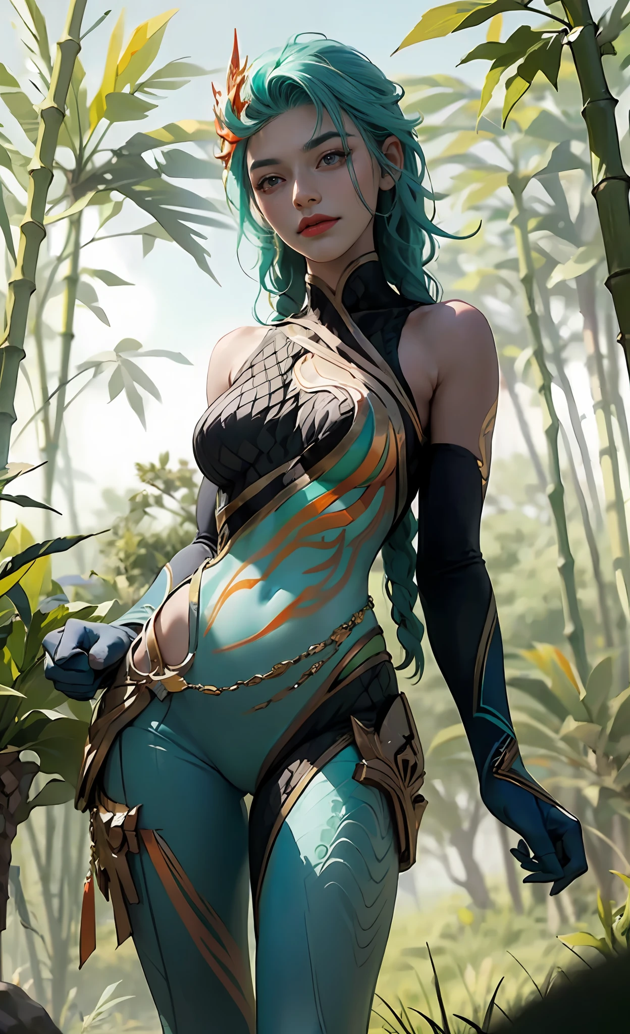 ((A tall girl stands upright, holds his hand in front of him and points forward;)), looks out from under his forehead, BREAK, (Dark background, Bamboo forest), (Slim_thights:1.3), ((big breastes)), Slender_thights, aqua hair, 1girl, 独奏, (Miniature body:1.4), generous cleavage, Posing, detailed anatomy, the perfect body, Detailed body, detailized face, Beautiful anatomical eyes. BREAK Kaisa Dragon Lagoon,  The BREAK is very detailed, Intricately detailed art, Artstation's Detailed Triadic Color Trend in Unreal Engine 5, 8K resolution, deviantart masterpiece.