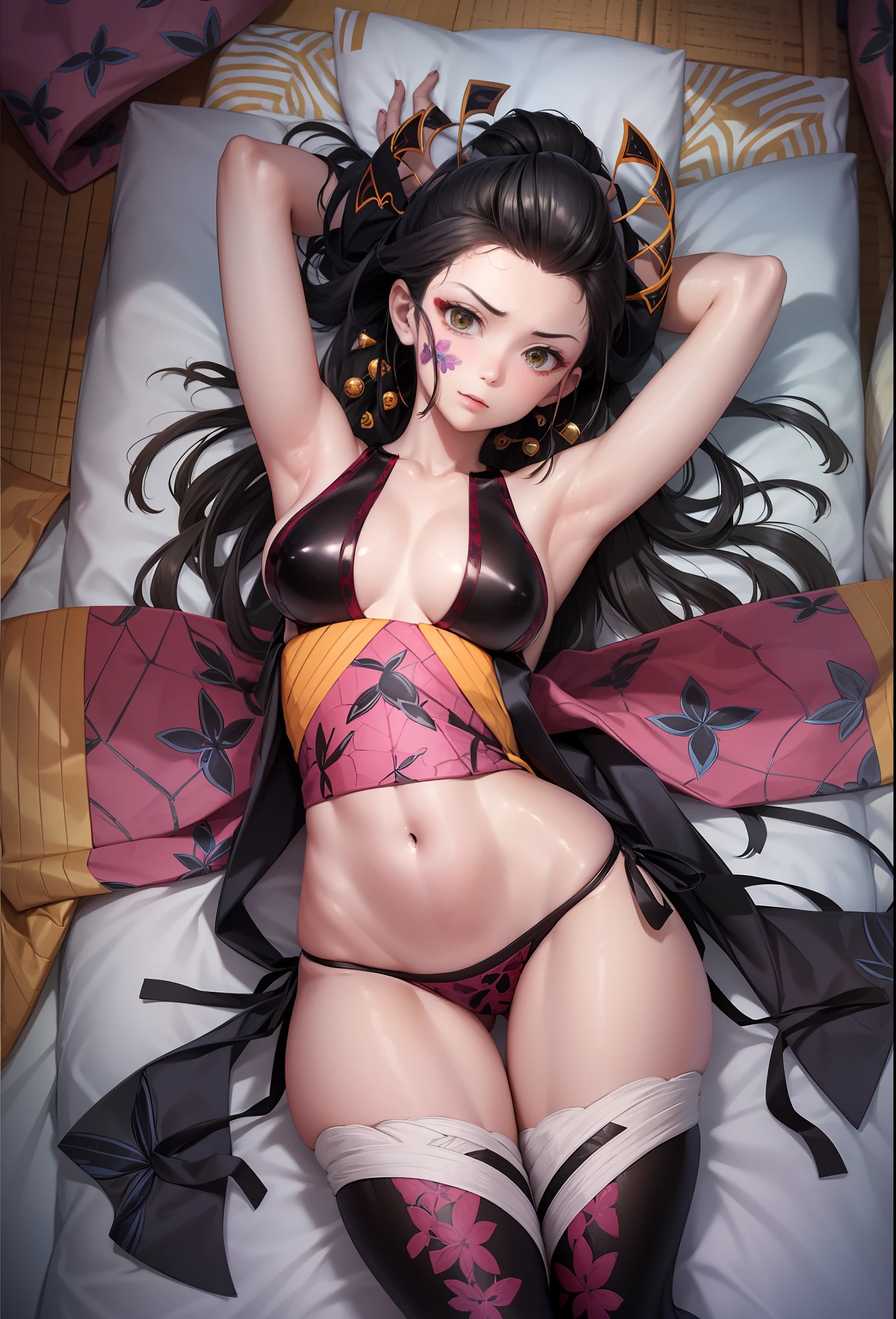 Huge breasts,on back,(Open legs wide:1.8),Beautifully shaped breasts,cleavage,(Kimono),(Black panty),Daki hairstyle,(Nipple:1.1),(Showing panties),(slender:1.2),skinny,(Skinny Legs),1boy,POV,breasts focus,girlfriend,Ruins,Tatami mats,Indoor,(Shoulders out),Disheveled clothes,feeling of disgust,despise,Northern Hemisphere,(slim hip),on the bed,(from above:1.2),small ass,arms up,majora)