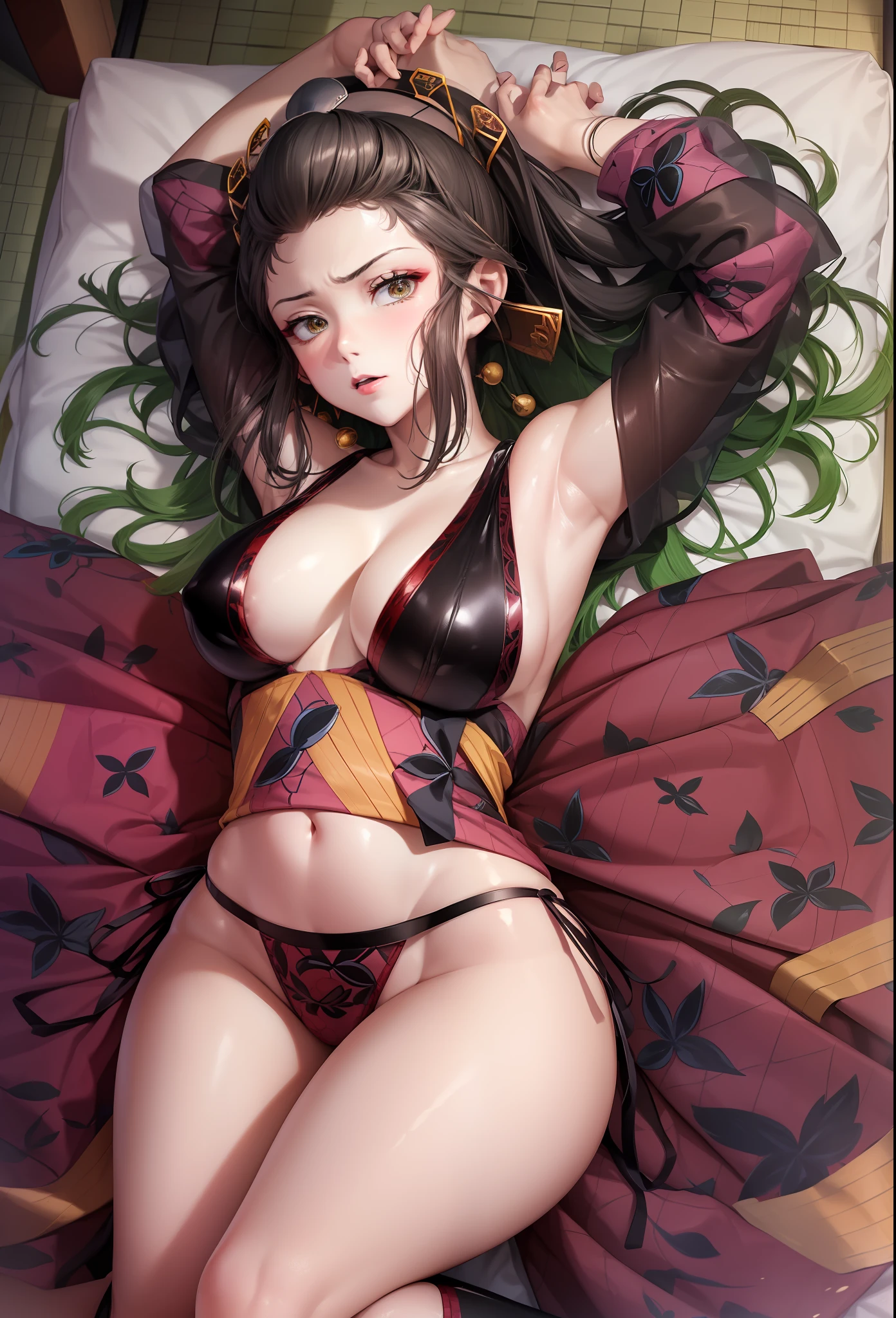 Huge breasts,on back,(Open legs wide:1.8),Beautifully shaped breasts,cleavage,(Kimono),(Black panty),Daki hairstyle,(Nipple:1.1),(Showing panties),(slender:1.2),skinny,(Skinny Legs),1boy,POV,breasts focus,girlfriend,Ruins,Tatami mats,Indoor,(Shoulders out),Disheveled clothes,feeling of disgust,despise,Northern Hemisphere,(slim hip),on the bed,(from above:1.2),small ass,arms up,majora)