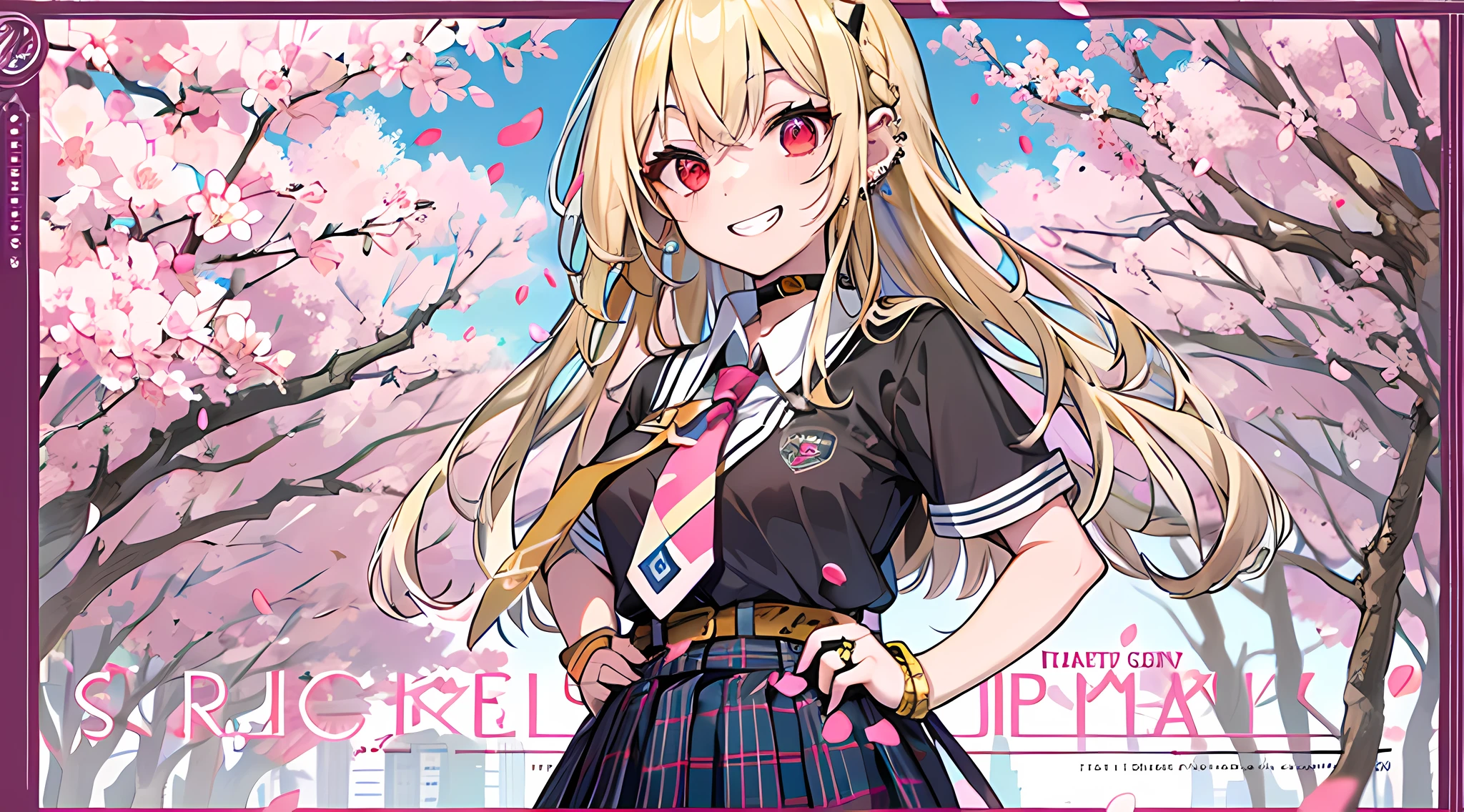 masterpiece, best quality,  full body,
1girl, bangs, black choker, black necktie, blonde hair, blue skirt, blush, bracelet, breasts, choker, clothes around waist, collarbone, collared shirt, cowboy shot, dress shirt, ear piercing, eyebrows visible through hair, gradient hair, grin, gyaru, jewelry, kogal, long hair, looking at viewer, loose necktie, necktie, piercing, plaid, plaid skirt, pleated skirt, red eyes, ring, school uniform, shirt, skirt, smile, solo, white shirt,
street, sky, cherry blossoms, petals,illustration, (magazine:1.3), (cover-style:1.3), fashionable, woman, vibrant, outfit, posing, front, colorful, dynamic, background,  elements, confident, expression, holding, statement, accessory, majestic, coiled, around, touch, scene, text, cover, bold, attention-grabbing, title, stylish, font, catchy, headline, larger, striking, modern, trendy, focus, fashion,