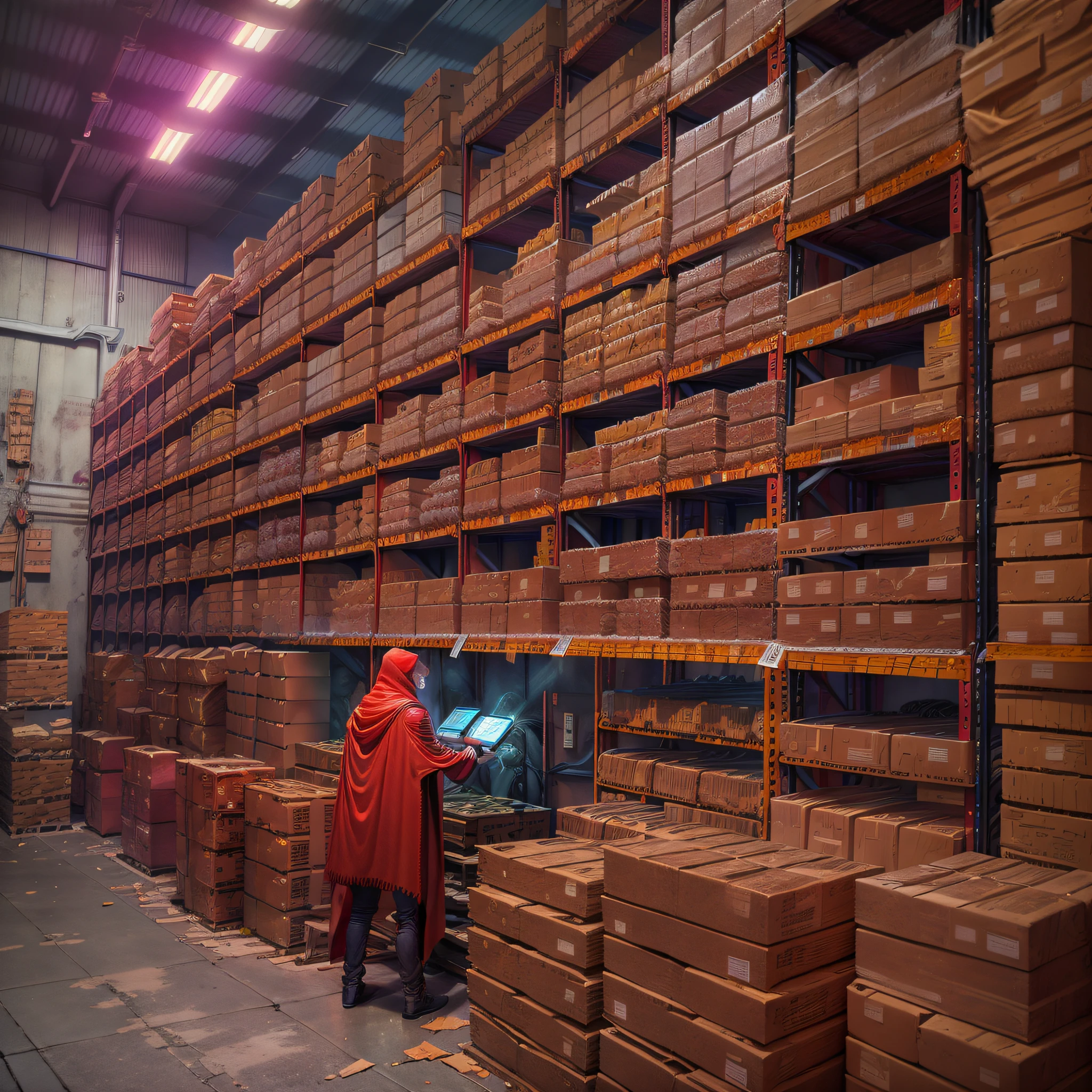 A man in a red cloak opened the door of the warehouse to find shelves inside stacked with circuit boards