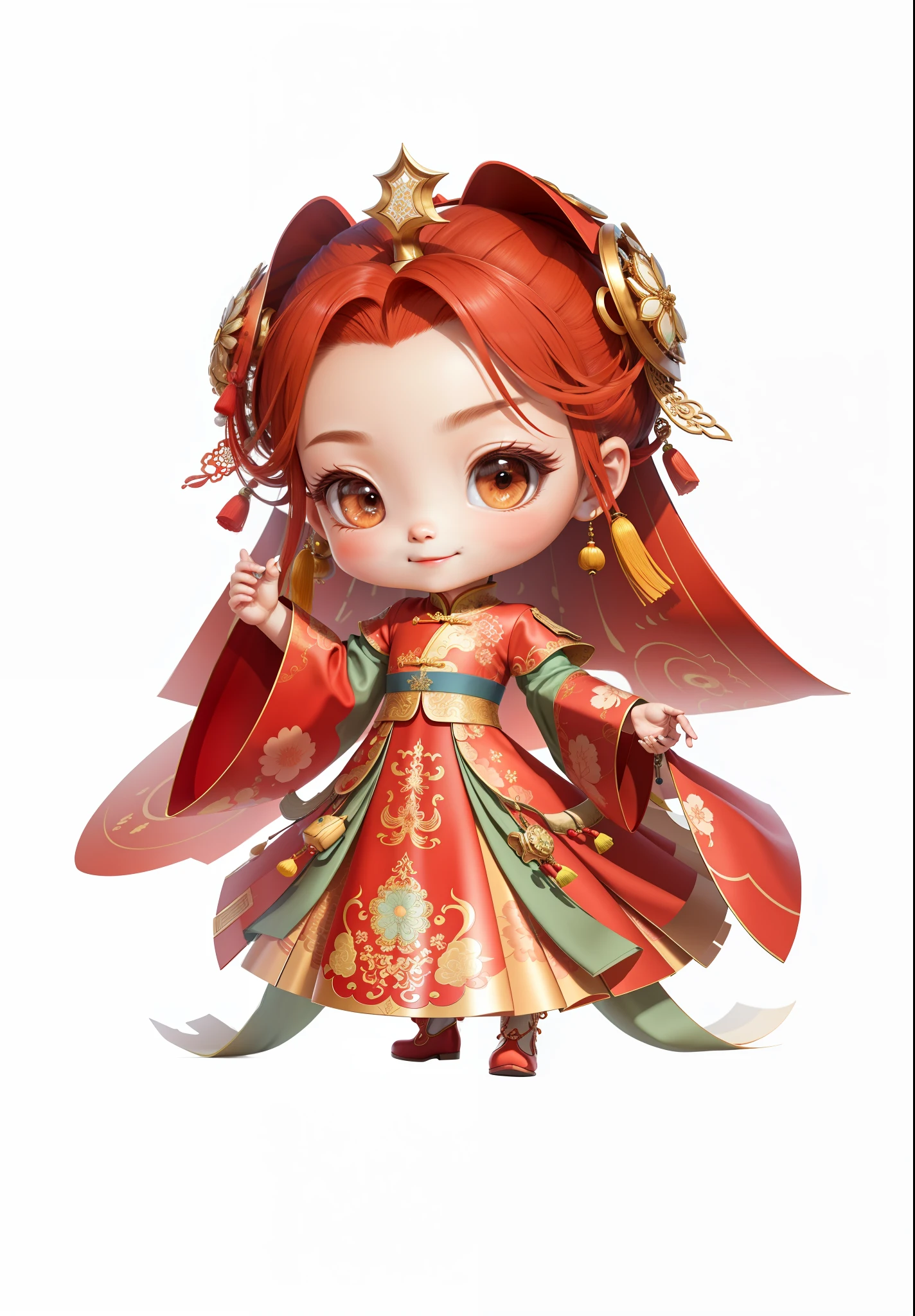 China-style，Chinesedress，Chinese shoes，The mouth smiles，ssmile，8K，best qualtiy，tmasterpiece，ultra - detailed，best qualtiy，超高分辨率，profesional lighting，photon maping，Radio City，physically-based renderingt，cinmatic lighting，Fine painting，filigree，Refinement，infinite details，Metal details，metalictexture，Three-dimensional metal pattern，Chinese three-dimensional metal texture