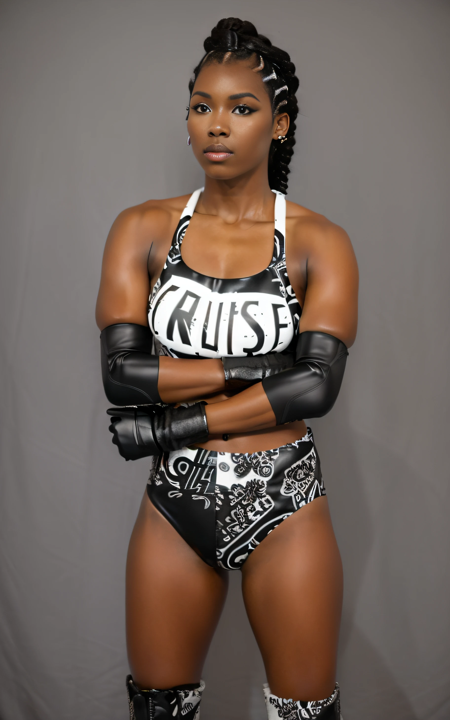 ((masterpiece, best quality)), Afro-punk based black female wrestler with long semi-braided ponytail, in black and white ink splash patterned sports bra that says "CRUISE", black and white ink splash patterned high cut trunks, black leather elbow pads, black leather gloves, black and white ink splash patterned knee-pads,