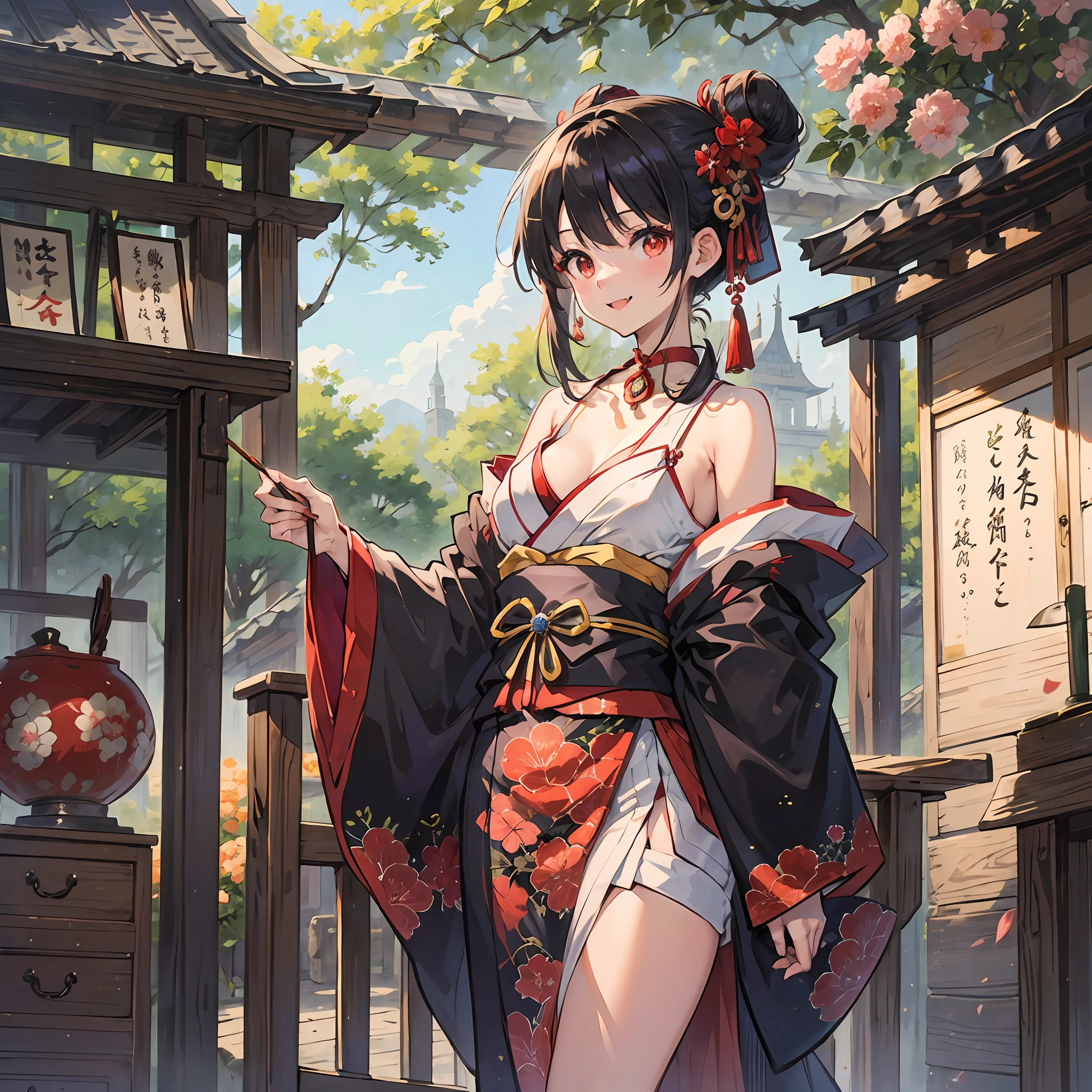 Masterpiece, Best quality, A high resolution, 1girll, sakamata chloe, Solo, whaite hair, Medium breasts, Red eyes, Japanese clothes, multicolored hair, hair adornments, cleavage, Black hair, hair flower, Striped hair, komono, bangs, White kimono, single hair bun, hair stick, Chest sarashi, Budget sarashi, Fang, choker necklace, nipple tassels, thigh band, Wide sleeves, cropped shoulders, Cowboy shot, Shrine, standing, Outdoors, Smile, --auto