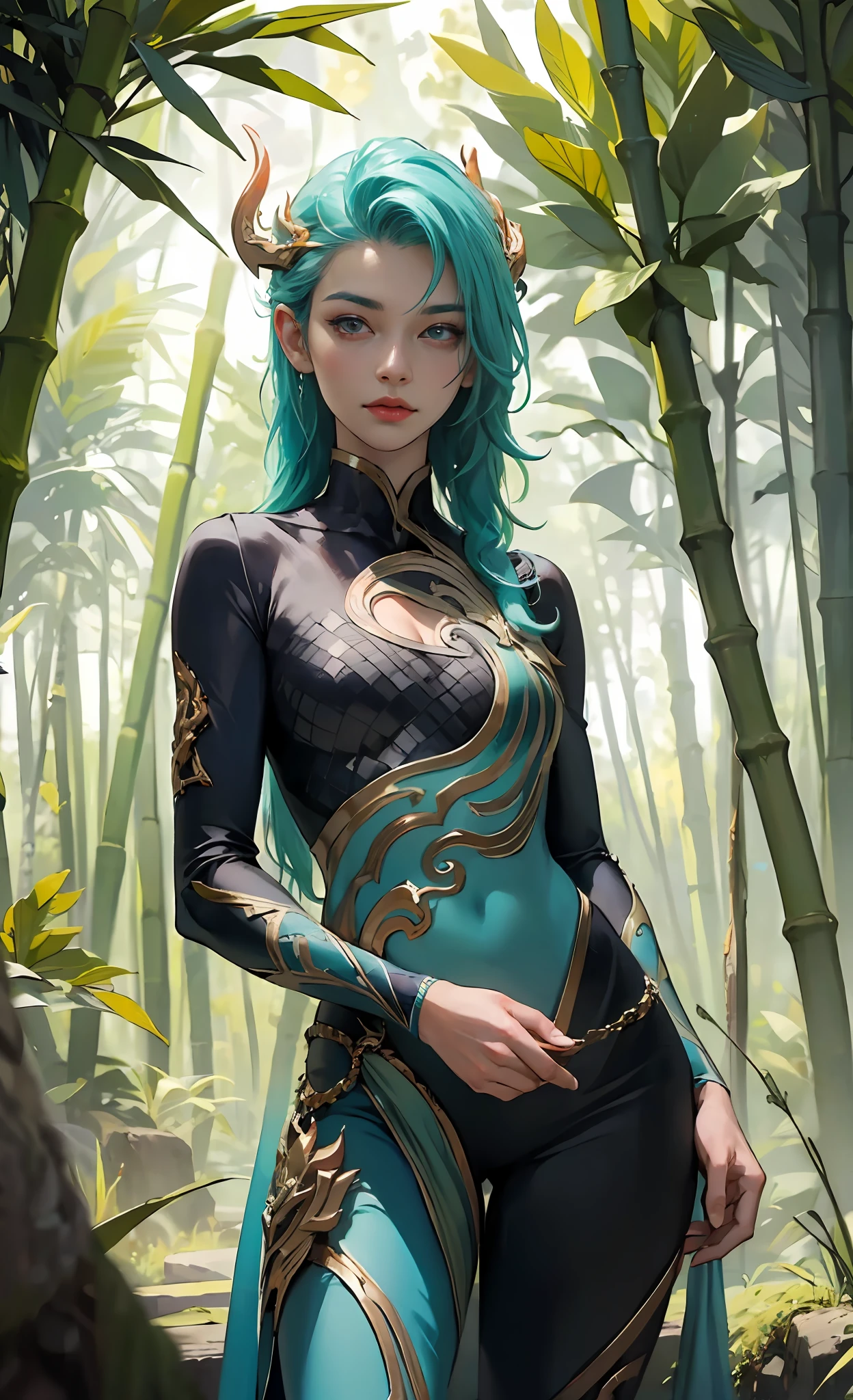 ((A tall girl stands upright, holds his hand in front of him and points forward;)), peeking out from under his forehead, BREAK, (Dark background, Bamboo forest), (Slim_thights:1.3), ((big breastes)), Slender_thights, aqua hair, 1girl, 独奏, (Miniature body:1.4), generous cleavage, detailed anatomy, the perfect body, Detailed body, detailized face, Beautiful anatomical eyes. BREAK Kaisa Dragon Lagoon,  The BREAK is very detailed, Intricately detailed art, Artstation's Detailed Triadic Color Trend in Unreal Engine 5, 8K resolution, deviantart masterpiece.