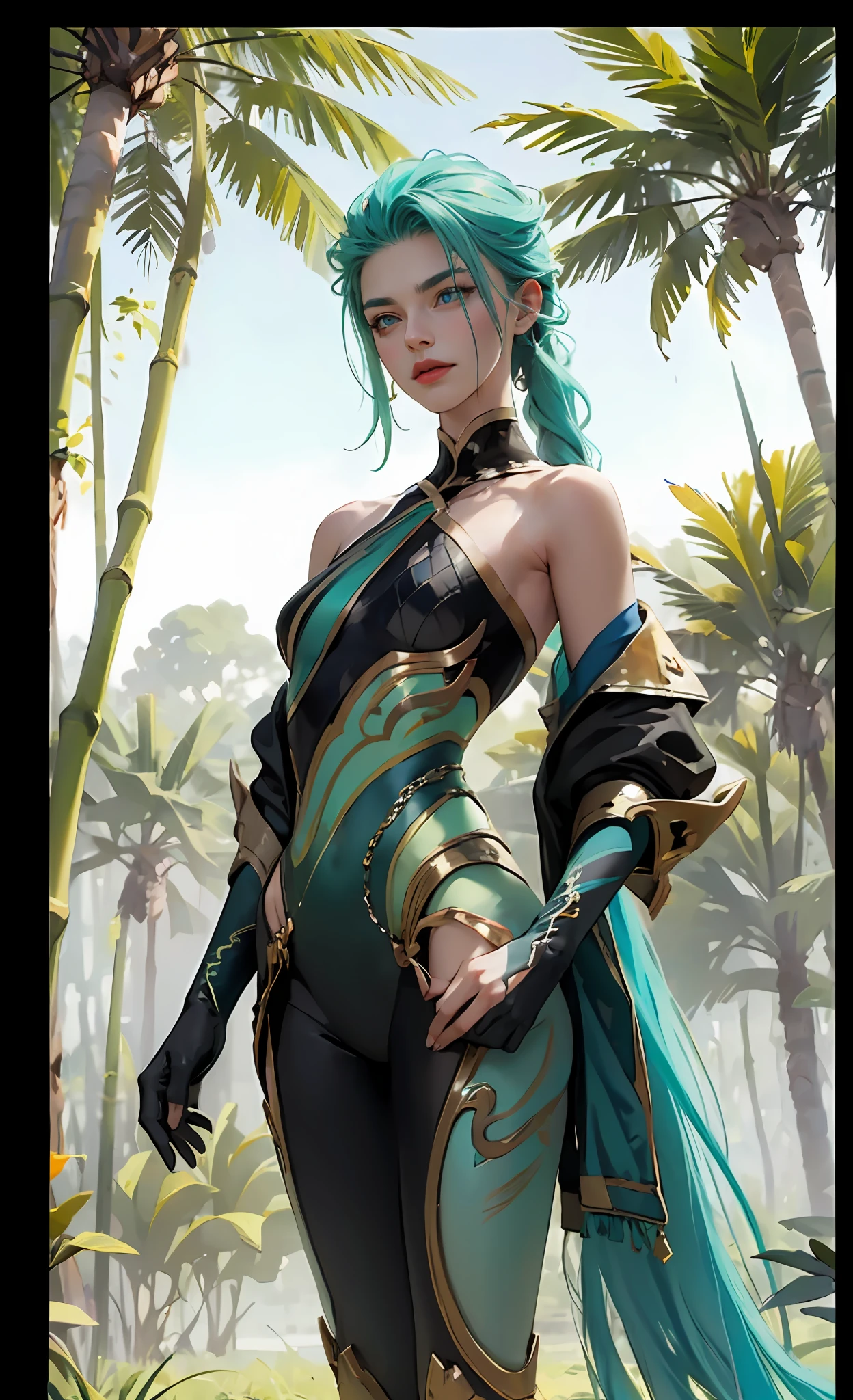 ((A tall girl stands upright, holds his hand in front of him and points forward;)), peeking out from under his forehead, BREAK, (Dark background, Bamboo forest), (Slim_thights:1.3), ((big breastes)), Slender_thights, aqua hair, 1girl, 独奏, (Miniature body:1.4), generous cleavage, detailed anatomy, the perfect body, Detailed body, detailized face, Beautiful anatomical eyes. BREAK Kaisa Dragon Lagoon,  The BREAK is very detailed, Intricately detailed art, Artstation's Detailed Triadic Color Trend in Unreal Engine 5, 8K resolution, deviantart masterpiece.