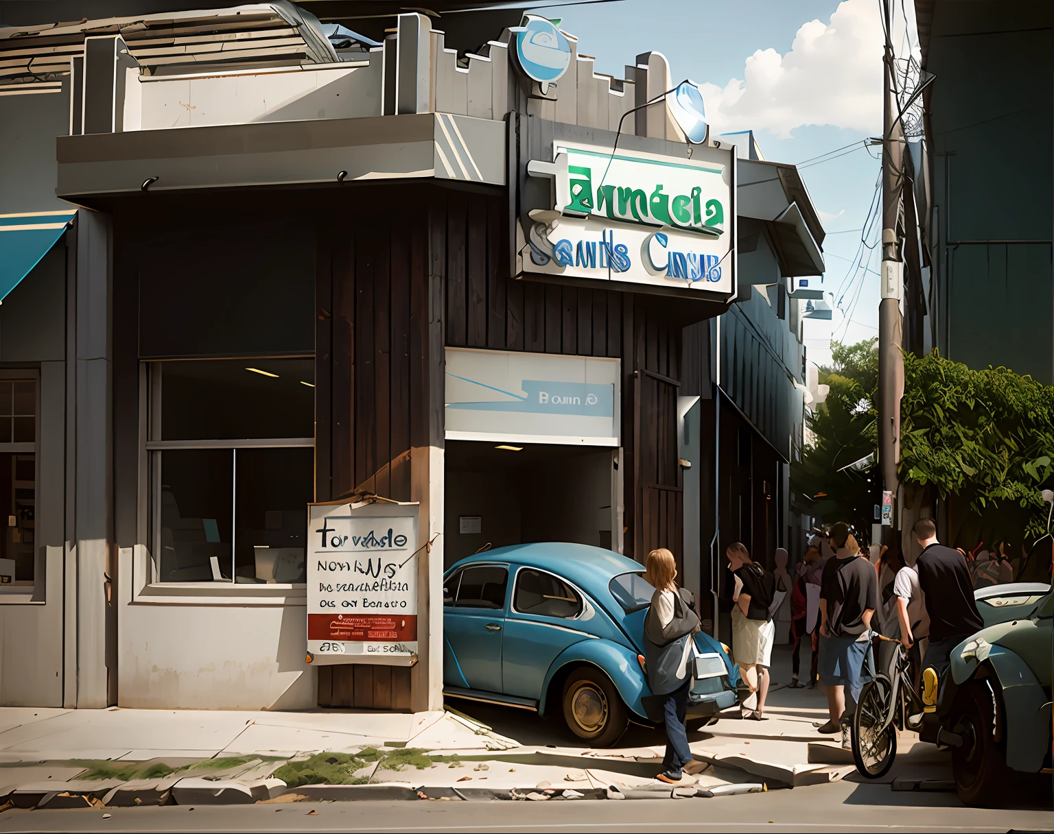 --Volkswagen Beetle cars entering a pharmacy building at an avenue intersection with people outside it, foto realista de acidente de carro