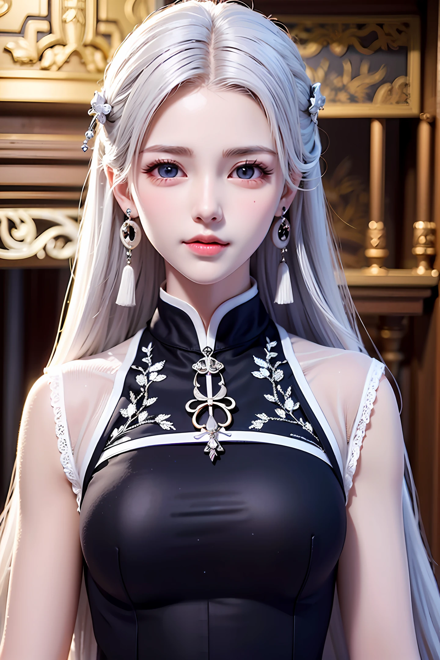White-haired ancient style two-dimensional handsome brother white eyes，One-sided earrings，Black antique long-distance running，Danfeng eyes cold white skin