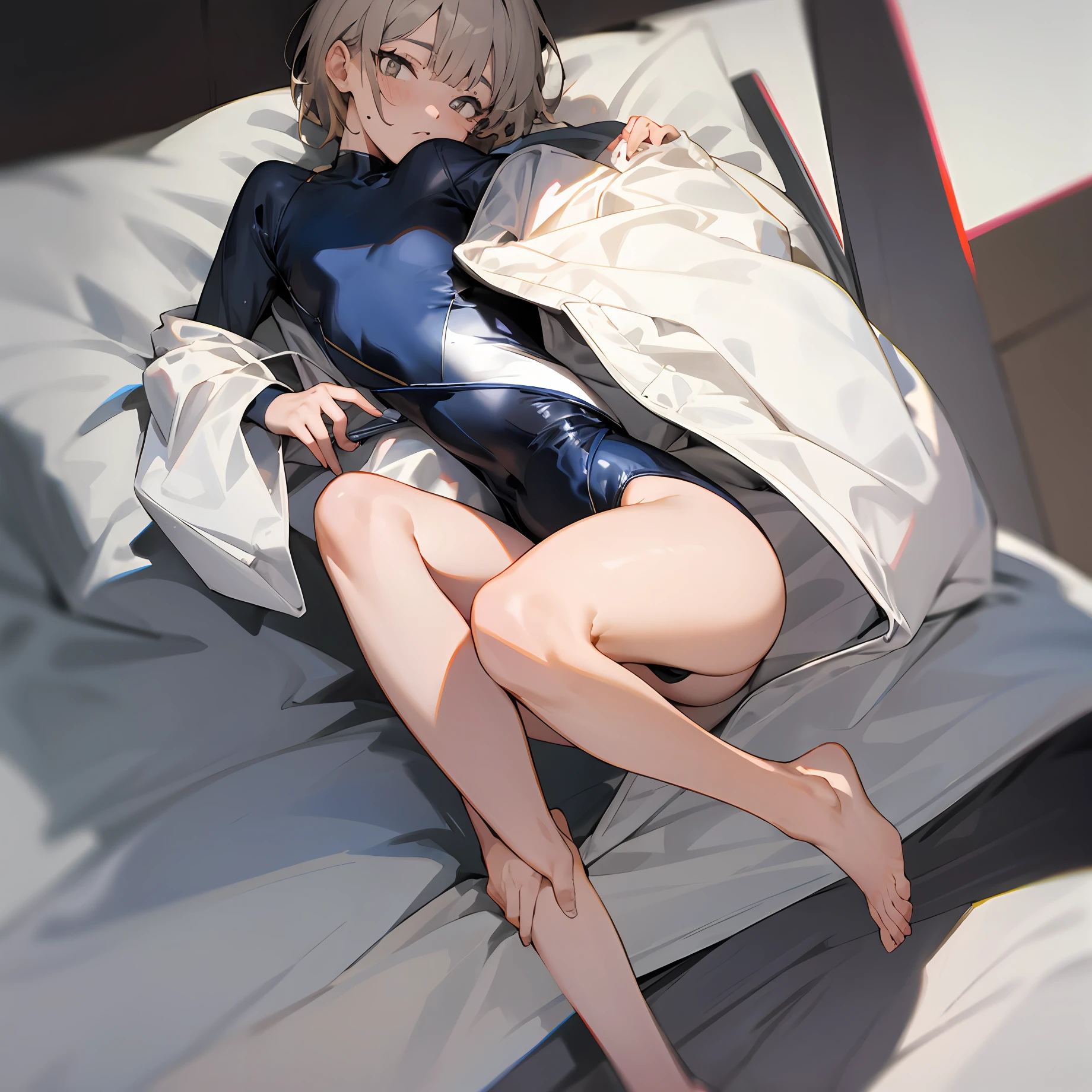 Long-sleeved one-piece swimsuit,Bare legged,whaite hair,Gray pupils