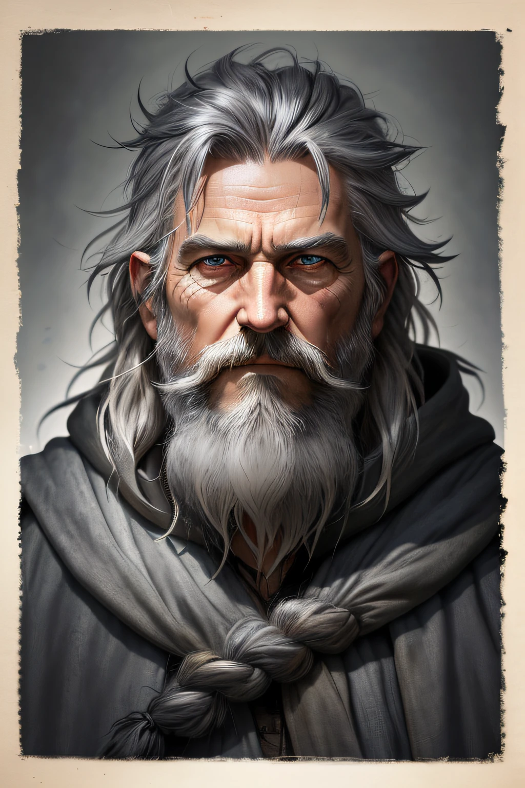photo, old evil hermit, medieval, piercing_deep-set_eyes, wrinkled face, dark_stichted_cloak, (dramatic lighting:1.25), (shadowy background:1.2), (dirty_ unkempt_gray_hair:1.2), (long_shaggy_beard:1.3), (faded colors:1.1), (sharp focus:1.1), (shadows:1.2), (subtle HDR:1.3), (realistic skin texture:1.25), (detailed hair:1.2),  (gritty texture:1.1), (cinematic look:1.2), (powerful pose:1.3), (blush:0.5), (goosebumps:0.5), subsurface scattering, detailed_grey_eyes