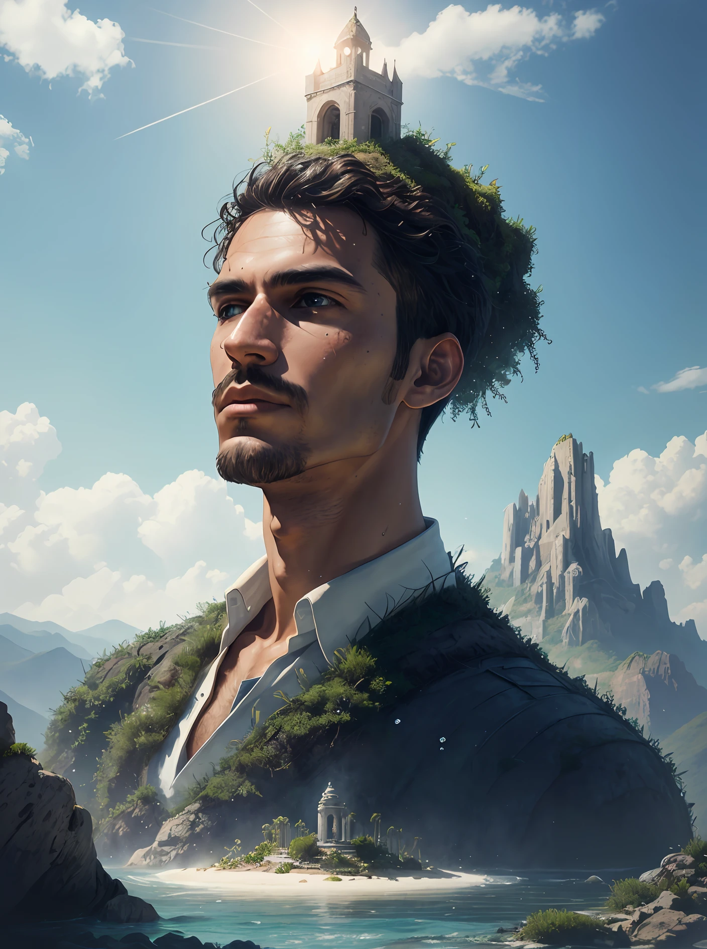masterpiece, anatomical, intricate, mountainous_horizon, man in a (white:1), ((high detial)), towers in the distance, tree, ((ultra-detailed)), work shoes, trending on tumblr, award winning (portrait photo:1.4) of a rugged dark science fiction space marine with robotic joints, (photorealistic), faded, light, detailed background, best quality, (from side:0.5), (twilight), volumetric lighting, maintenance, lush vegetation, (tanned skin), surreal photo, ethereal background, original, beautiful, particles, standing in the center of a bloody summoning circle, Depth of Field, experimental charm, open swimsuit, seashell, soft colors, scenery, dslr, A shot at 8k resolution, ((water fairy)), anti-aliasing, digital painting, photo of beautiful artwork,