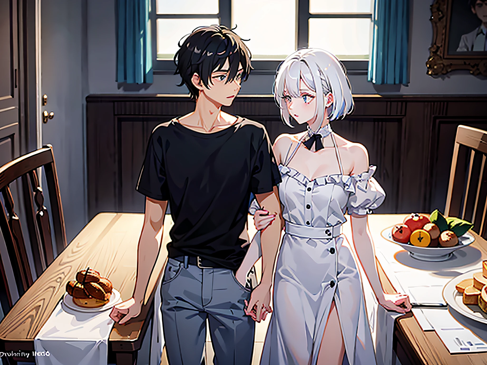 Two people dating, A boy with, with short white hair, Black shirt, grey shorts, Blue eyeballs, rimless eyewears, one-girl, Red long-haired, Light blue long dress, Black eyeballs, in the dining room, desks, There was food on the table, Fruit on the table