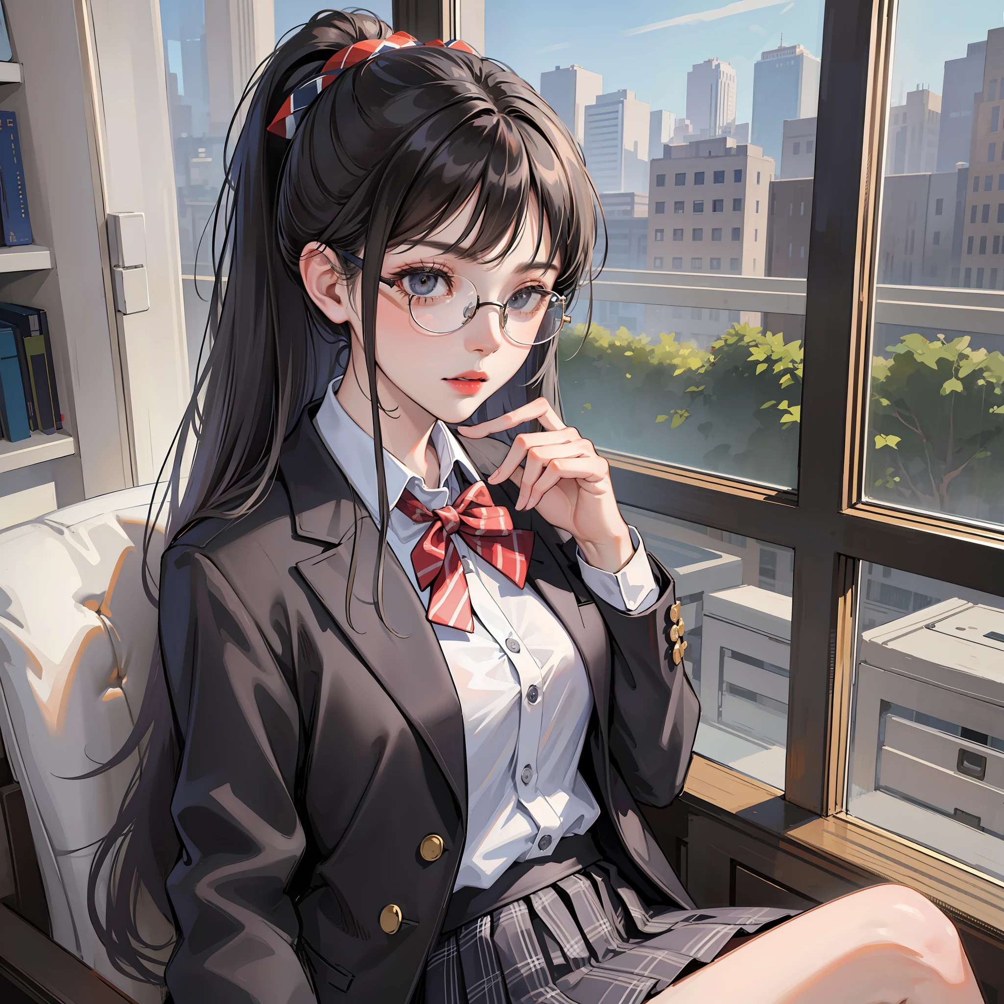 Korean preppy style, Outrageously long ponytail, Parted bangs, circle glasses, Dress school uniform, Dark gray open jacket, Dark gray blazer, Pleated skirt, long plaid skirt，Read a book in the library, The morning sun pours，Shy and quiet girl, Reserved and dignified，looking at the distance, Extremely detailed hair, intricately details, Best quality, realisticlying，Need，tmasterpiece