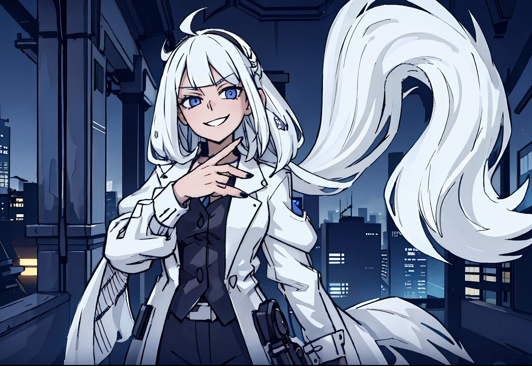 （best_quality：1.3）， （ultra_detailed：1.3）， 8k， extremely_clear， hentail realism， （hyper realisitc：1.3）， insanely details， A high resolution， 1 rapariga， Ultra photo realsisim， full-shot， glistning skin ， A woman with white hair and blue eyes is looking at something in the distance，Buildings，Behind you is a neon background， offcial art， figure portrait， New geography， black_nails， blue_nails， finger nails， （（grinning smile））， looking_at_viewer， nail_polish， 独奏， white_hair