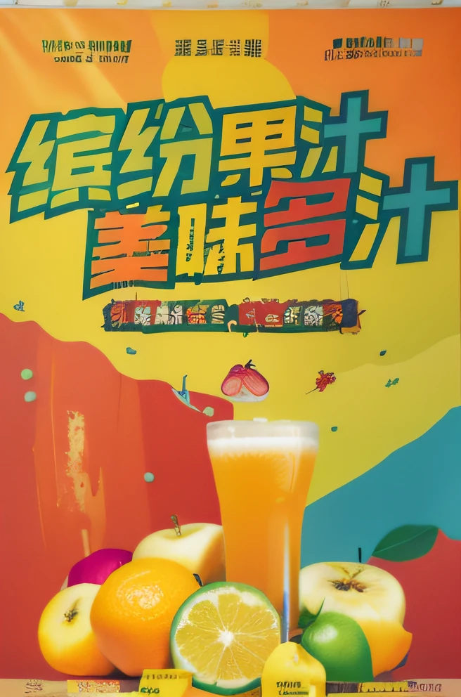 Poster close-up,A glass of juice and fruit, poster for'unlimited juice ', food advertisement, promotional poster, poster for, juice, Unlimited juice, a poster, overlaid with chinese adverts, image, drink, apple orange, Wang Chen, beer commercial, Official product image, an advertising poster, spilling juice, Juicy