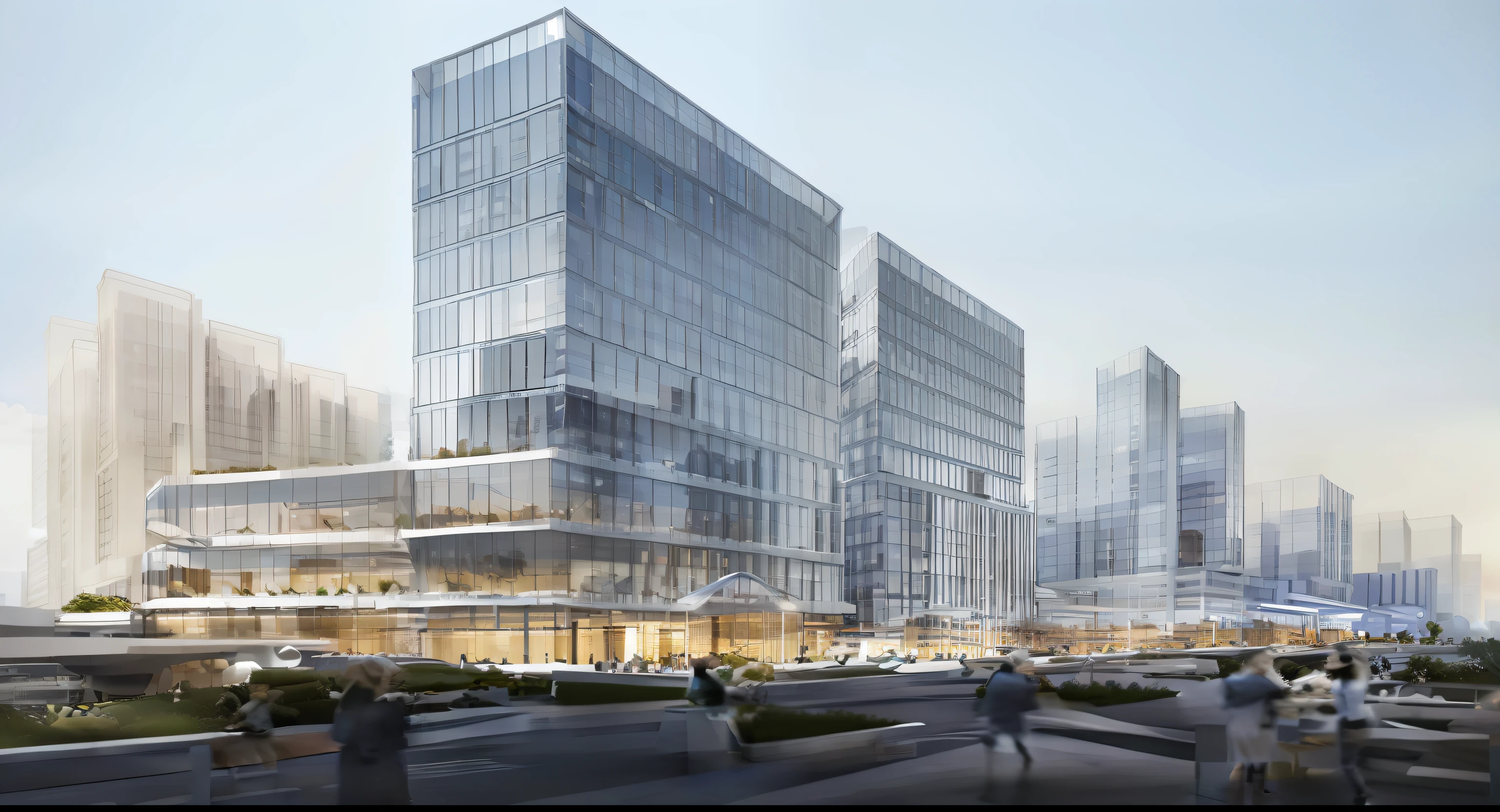 Buildings, apartament, Urban crowds,the city street,Heavy traffic,the trees,urban buildings,Commercial along the street,with blue sky and white clouds,Bottom recurve look roof,,Superior apartment,Glass curtain wal,Public buildings