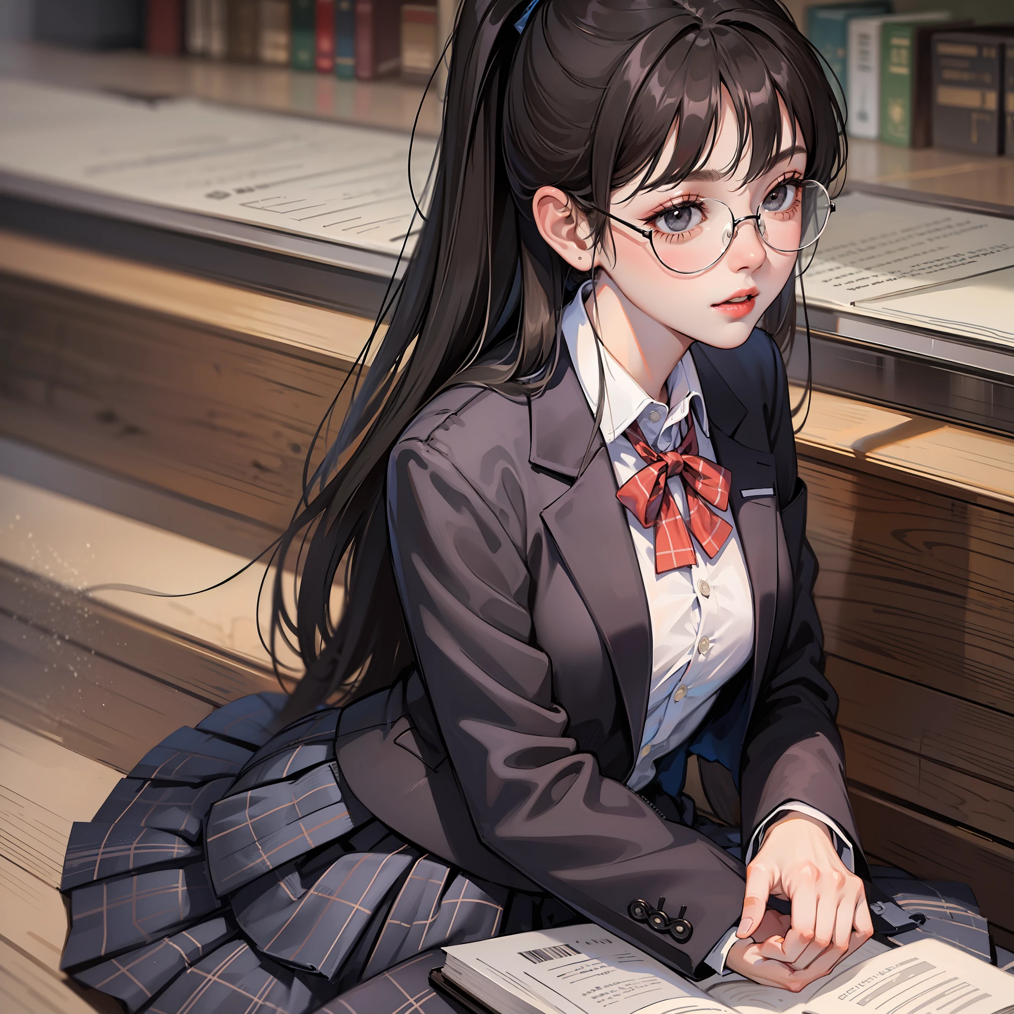 Korean preppy style, Outrageously long ponytail, Parted bangs, circle glasses, Dress school uniform, Dark gray open jacket, Dark gray blazer, Pleated skirt, long plaid skirt，Read a book in the library, The morning sun pours，Shy and quiet girl, Reserved and dignified，looking at the distance, Extremely detailed hair, intricately details, Best quality, realisticlying，Need，tmasterpiece