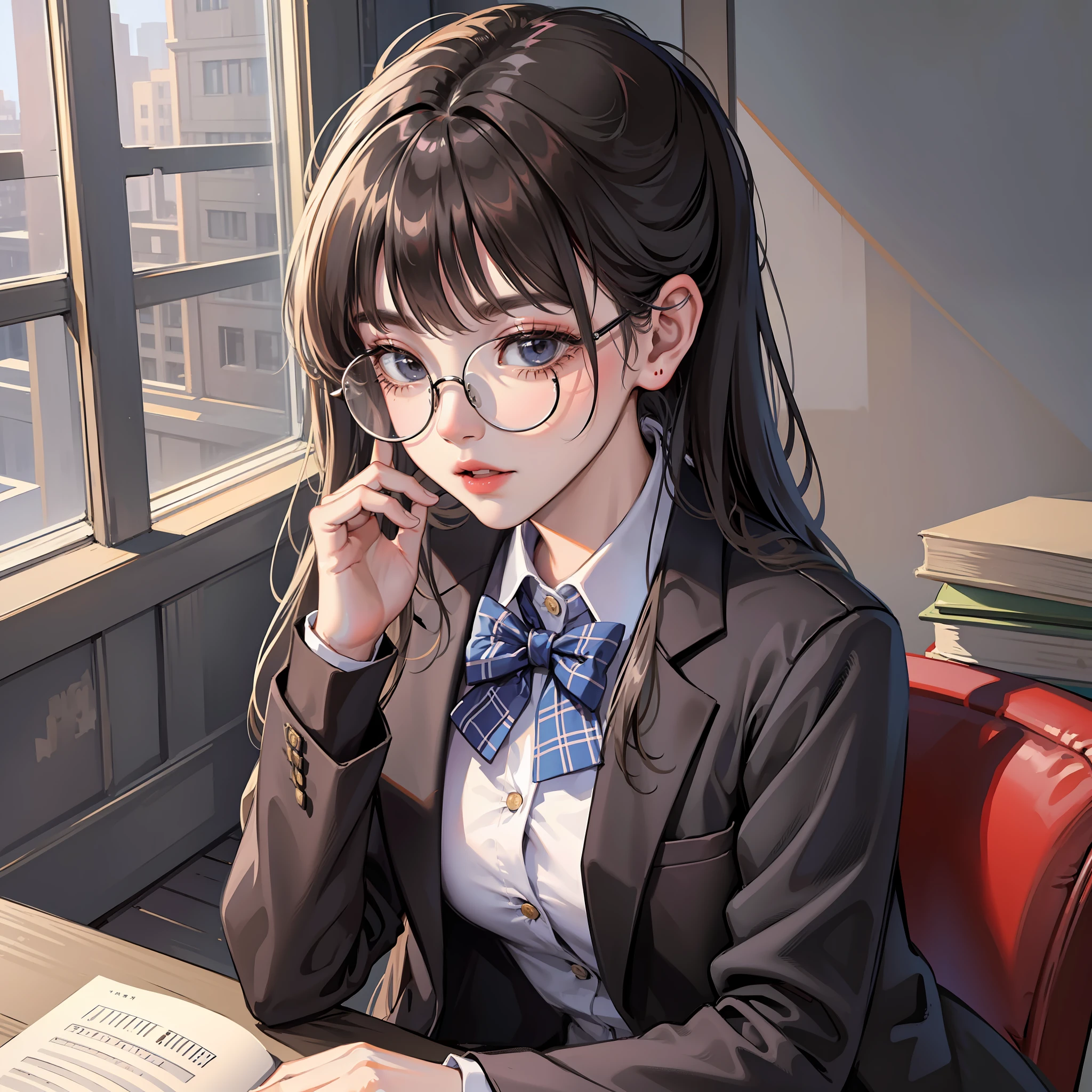 Korean preppy style, Outrageously long ponytail, Parted bangs, circle glasses, Dress school uniform, Dark gray open jacket, Dark gray blazer, Pleated skirt, long plaid skirt，Read a book in the library, The morning sun pours，Shy and quiet girl, Reserved and dignified，looking at the distance, Extremely detailed hair, intricately details, Best quality, realisticlying，Need，tmasterpiece