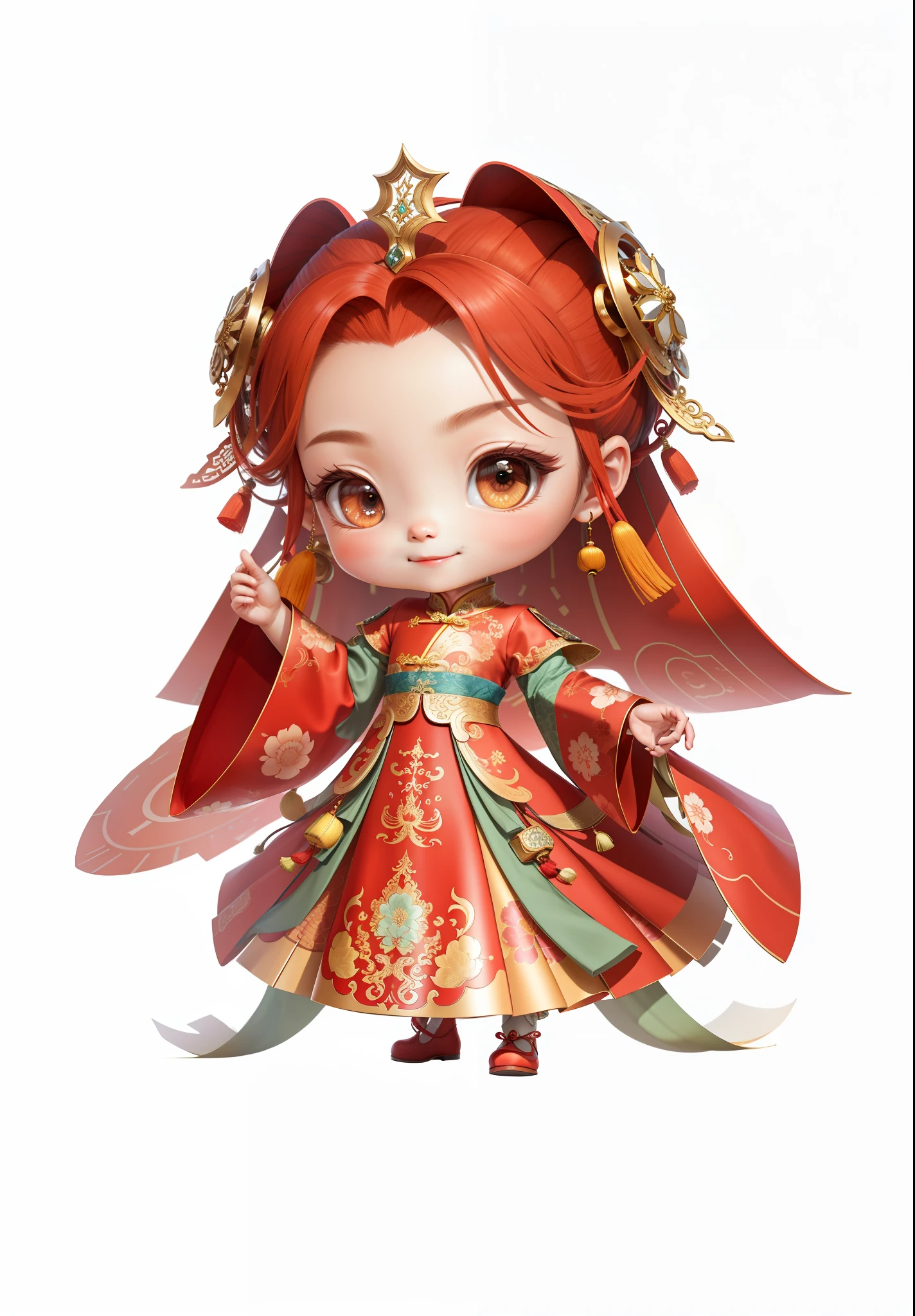 China-style，Chinesedress，Chinese shoes，The mouth smiles，ssmile，8K，best qualtiy，tmasterpiece，ultra - detailed，best qualtiy，超高分辨率，profesional lighting，photon maping，Radio City，physically-based renderingt，cinmatic lighting，Fine painting，filigree，Refinement，infinite details，Metal details，metalictexture，Three-dimensional metal pattern，Chinese three-dimensional metal texture