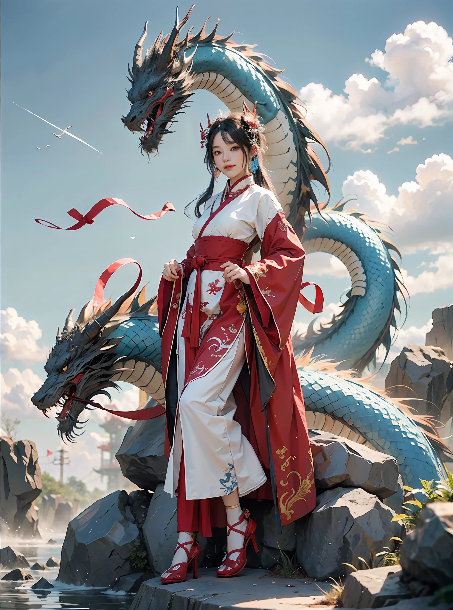 Best quality, masterpiece, illustration, very detailed, 1 girl, 1 white Chinese dragon as background, beautiful and detailed girl, very detailed eyes and face, light on face, movie lighting, looking at the audience, rainbow candy, smile, full body, full_body shot, (from the front: 1.2), (((majestic))), floating, blue sky, stone, blue sky, Chinese dragon, glowing blue, clouds, traditional Chinese elements, Chinese red, traditional Chinese hair accessories, elegant hair, floating ribbon, martial cloak, shu style, (martial arts: 1.2), hanfu