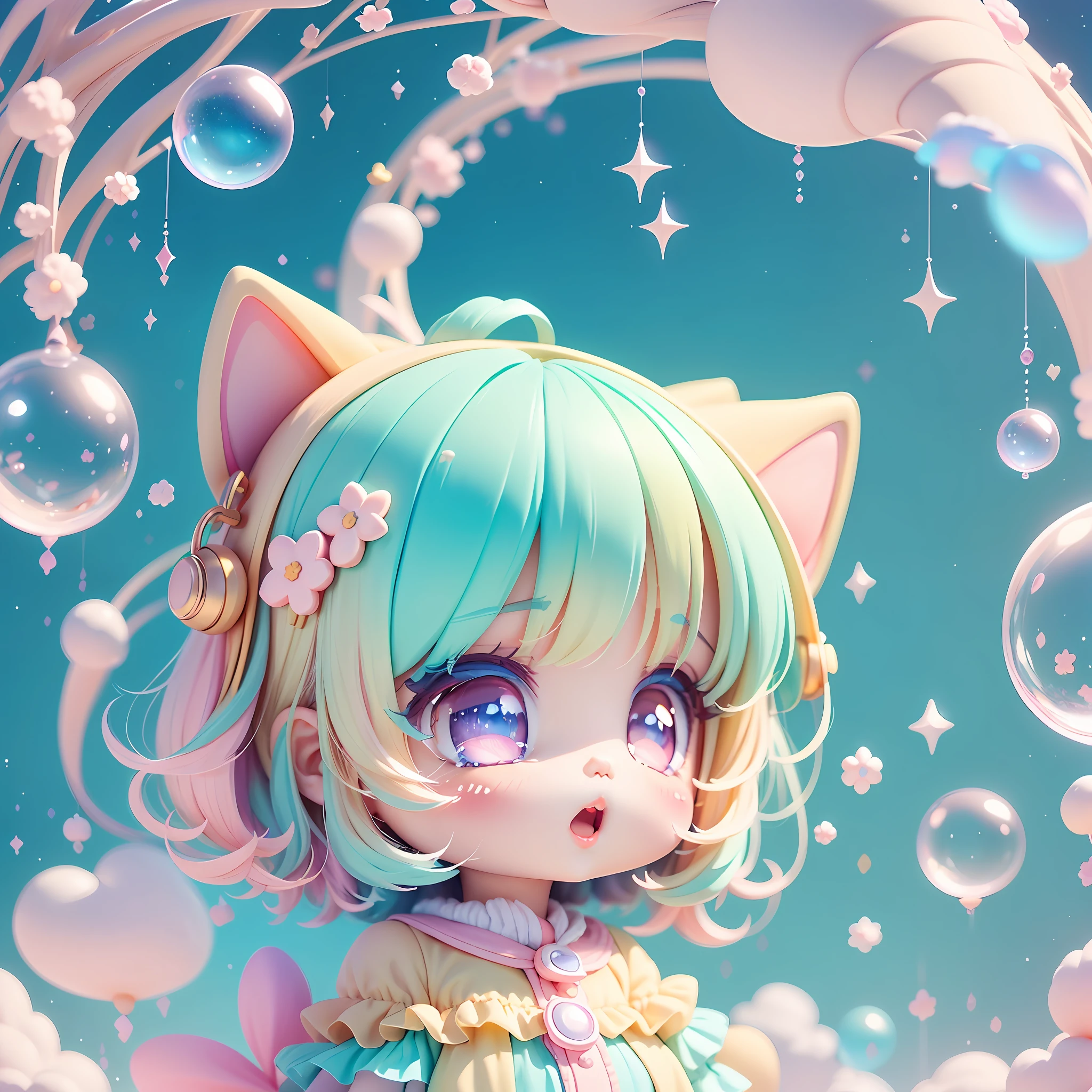 chibi looking up, bubbles around, kawaiitech, kawaii, cute, pastel colors, best quality, happy