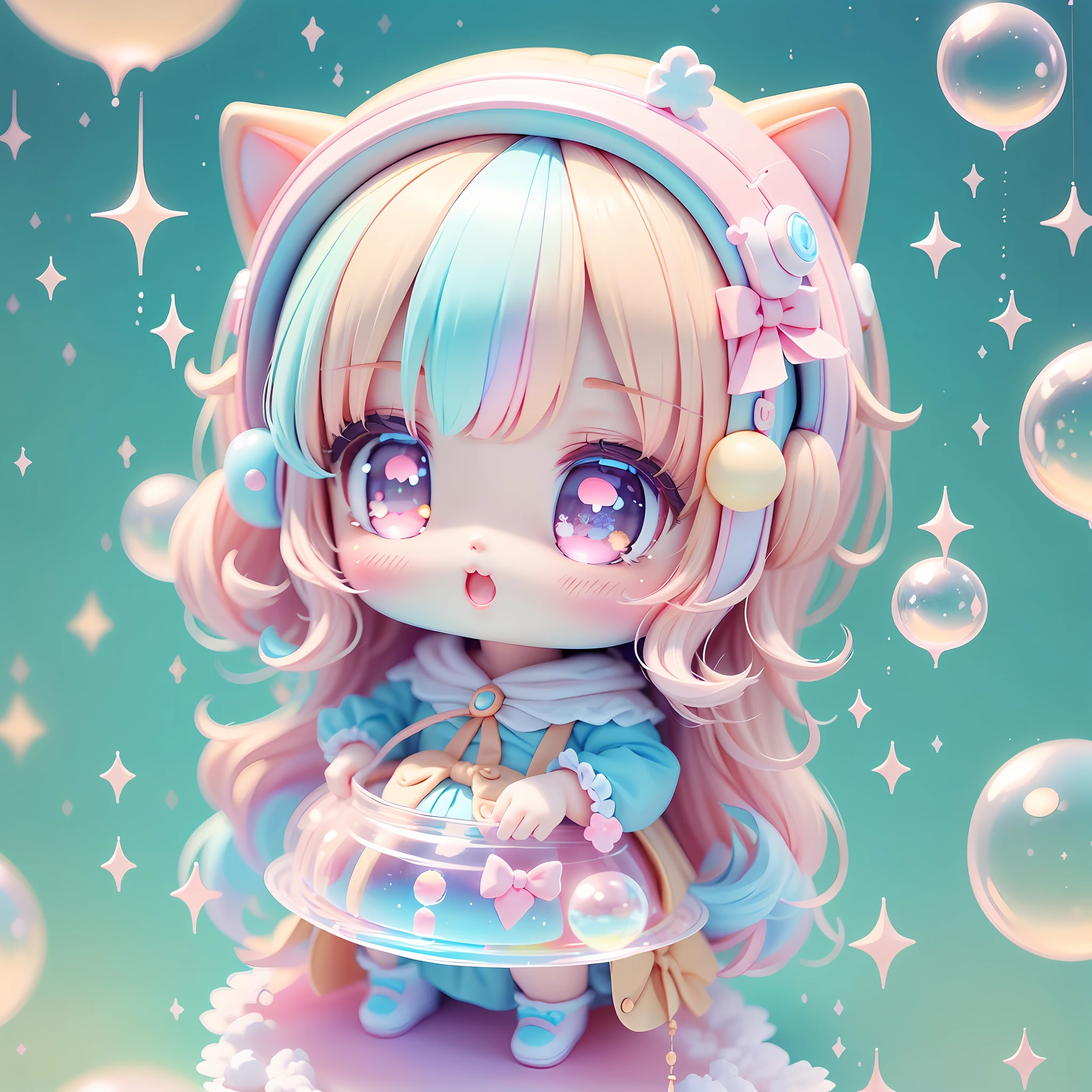 chibi looking up, bubbles around, kawaiitech, kawaii, cute, pastel colors, best quality, happy