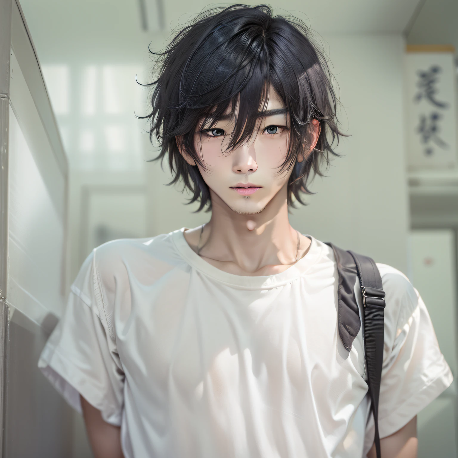 japanese male、twinks、in her 20s、A dark-haired、(1人)、(White T-shirt)、(full bodyesbian)、frontage