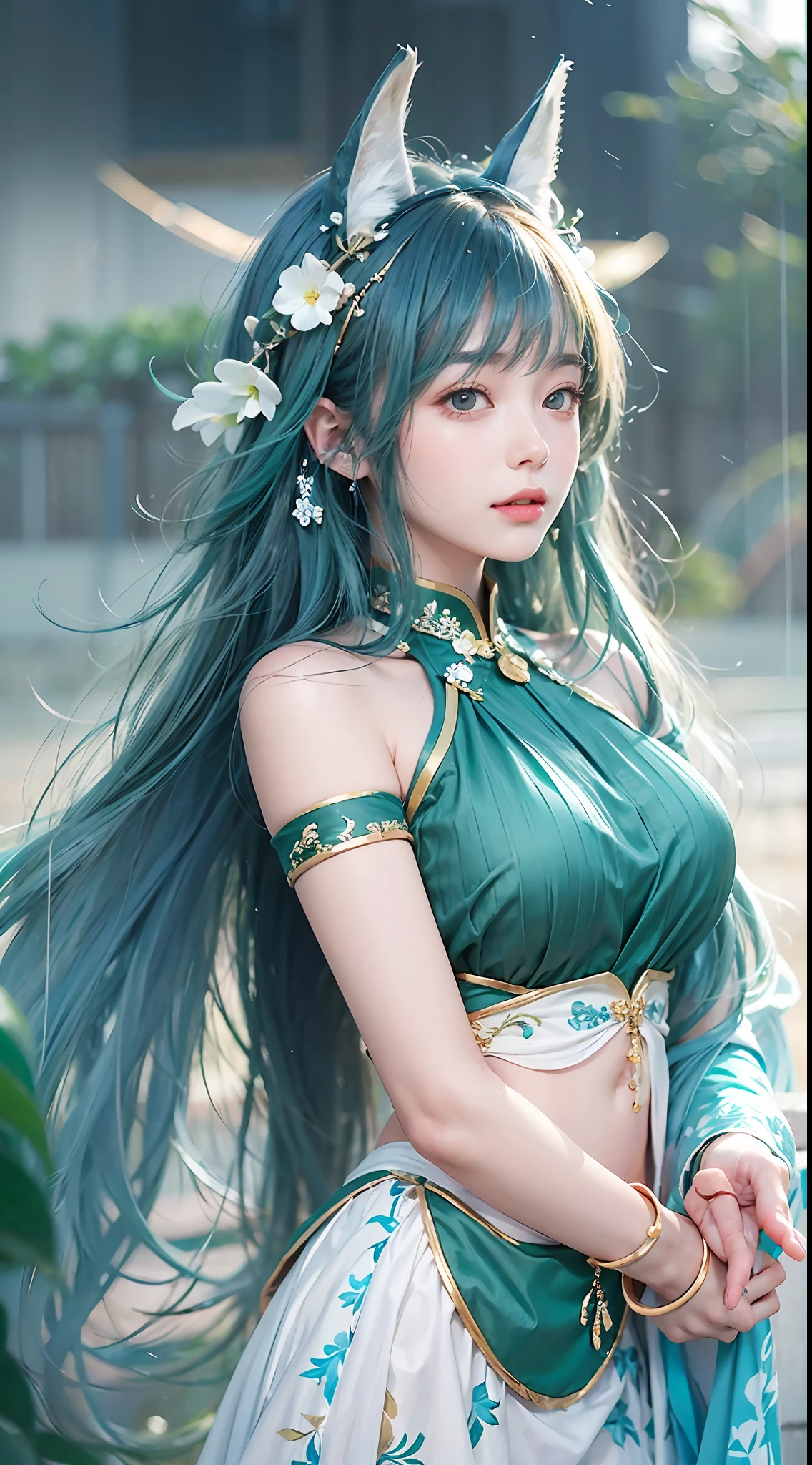 A beautiful young woman poses outside,A half body,having fun,In the style of Kawacy, Blue and white colors, yeong-hao han, Green mountains,green waters,webcam photography, Detailed costumes, Rodenstock Imagon 300mm F/5.8, Realistic impressions,soothing tones,pastel colour,