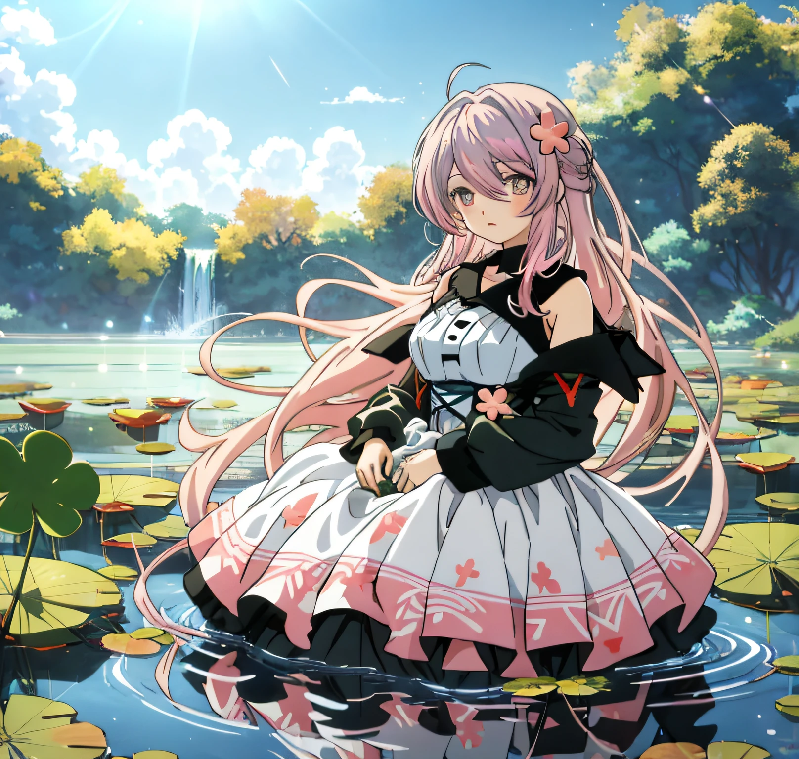 Top-down view,Anime girl with pink hair and white dress sitting on the water,Large scene illustration,Large skirt,Big skirt,Large amplitude of action,The action is exaggerated, Soft anime illustration, made with anime painter studio, Anime art style, Anime art style, Anime Stylization, clean artstyle, drawn in anime painter studio, High quality anime art style, In anime style, in an anime style, dreamy psychedelic anime, Anime moe art style, flat anime style shading,Lotus leaf,four-leaf clover,Buble