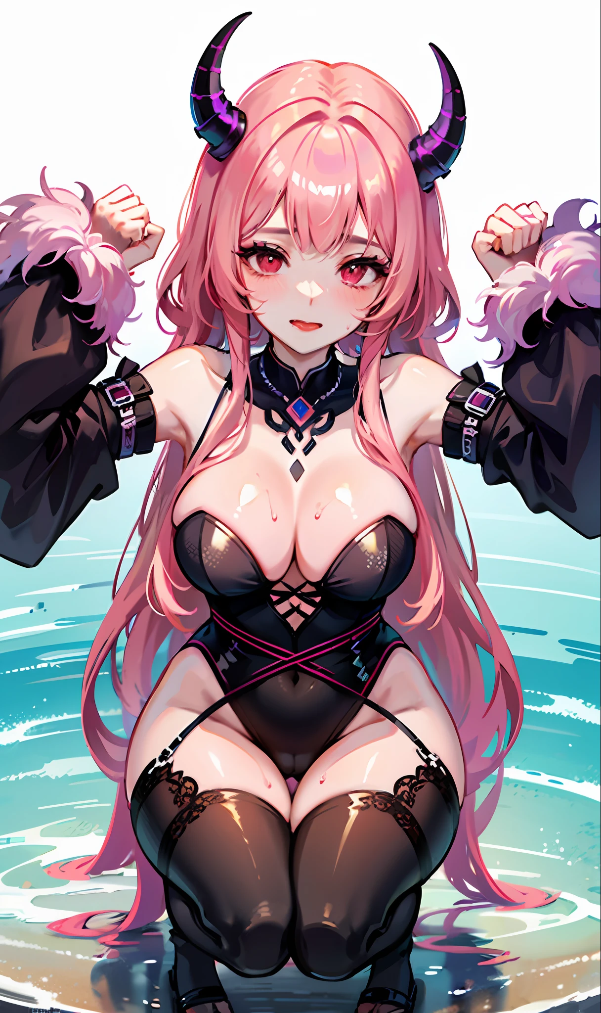 Beautuful Women、(masterpiece))、top-quality、high-level image quality、g-cup、ultra-detailliert、ighly detailed、face perfect、独奏、large full breasts、beatiful backgrounds、Pink hair、length hair、Red Eye、Wide waist、The area near the tips of the hair is reddish-pink、(Black-purple horns)、Larger buttocks、put out the tongue、Beautiful waist、fullbody image、Ahegao、Torogao、(blush)、red blush、cum on、sexual excitement、put out the tongue、((the whole body is wet))、(((Squat)))、(crotch open)、(Raise your arms to your head)、Bend your elbows、(Tying hair)、Show the armpits、((front-facing view))