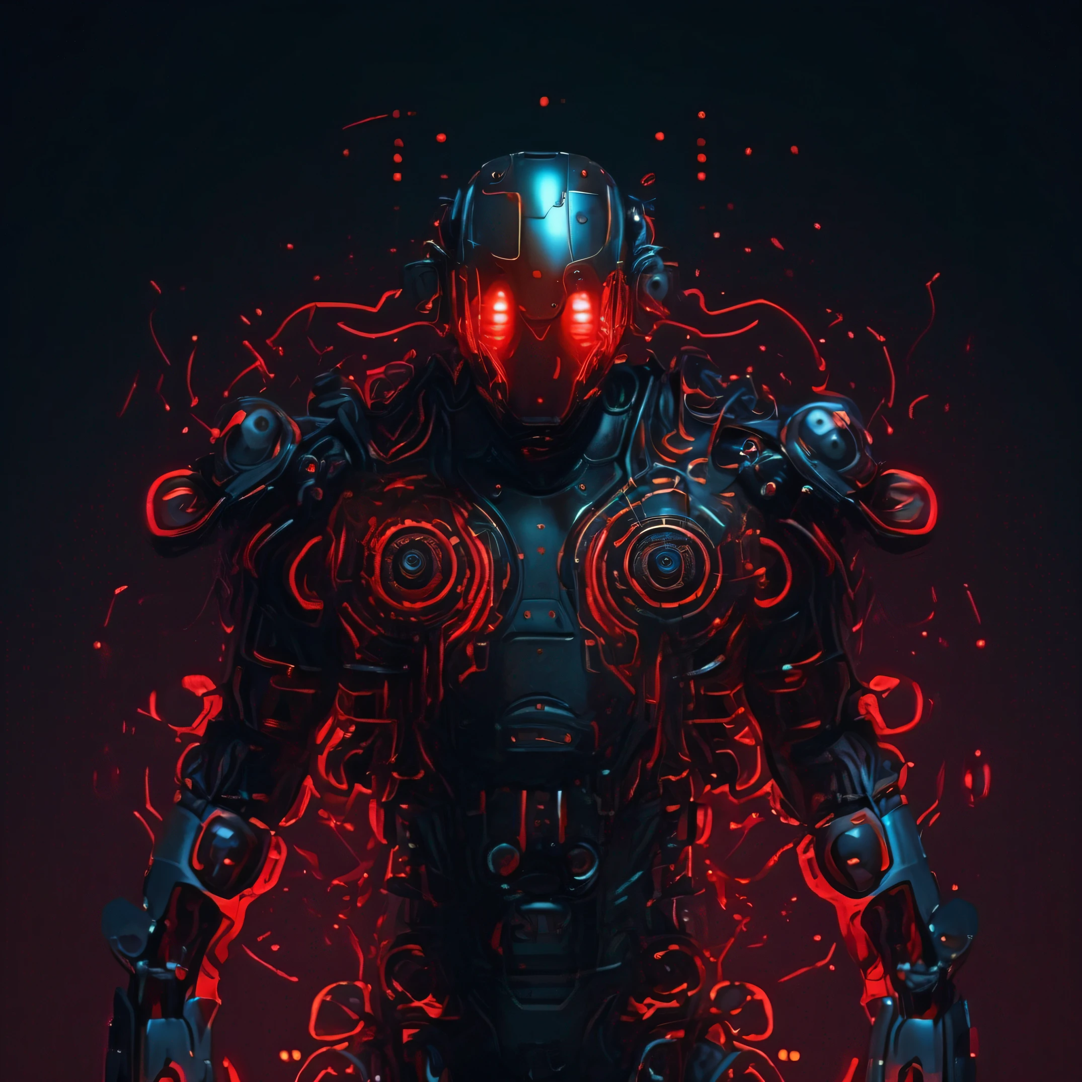 A man in a machine suit, composed of machine parts all over his body, sci-fi, dark main color, eyes glowing red