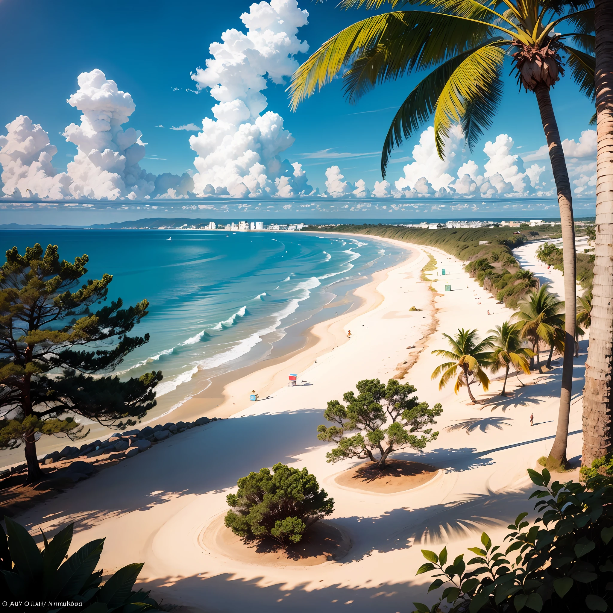shoreline，Golden sandy beach，Tyndall，rays of sunshine，coconut palms，Clouds，suns --auto