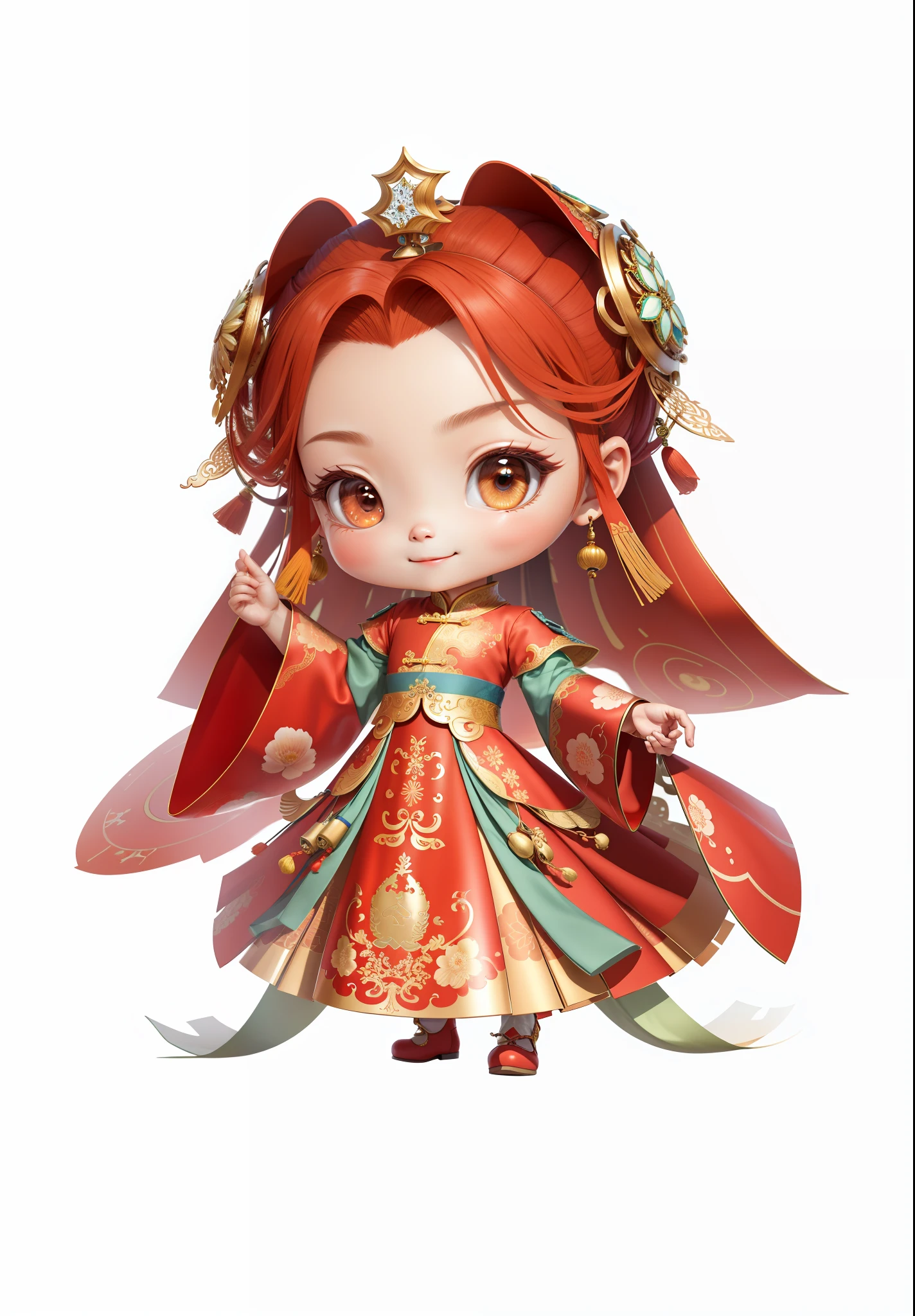 China-style，Chinesedress，Chinese shoes，The mouth smiles，ssmile，8K，best qualtiy，tmasterpiece，ultra - detailed，best qualtiy，超高分辨率，profesional lighting，photon maping，Radio City，physically-based renderingt，cinmatic lighting，Fine painting，filigree，Refinement，infinite details，Metal details，metalictexture，Three-dimensional metal pattern，Chinese three-dimensional metal texture