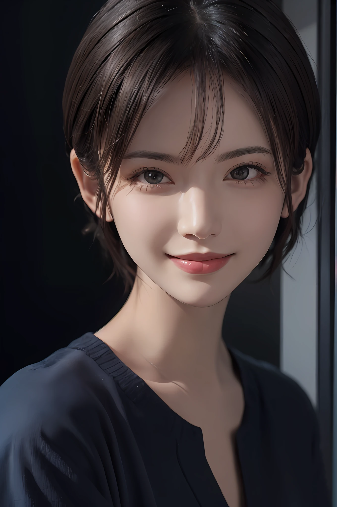 (masuter piece:1.3)、(8K、Photorealsitic、Raw photography、top-quality: 1.4)、(1girl in)、Beautiful expression、(Lifelike face)、(A dark-haired、short-hair:1.3)、short beautiful hairstyle、realisticeyes、Beautiful details、（real looking skin）、Beautiful skins、（Sweaters）、absurderes、enticing、超A high resolution、A hyper-realistic、high-detail、the golden ratio、Close your mouth and smile a little happily、long neck、Look firmly at the camera