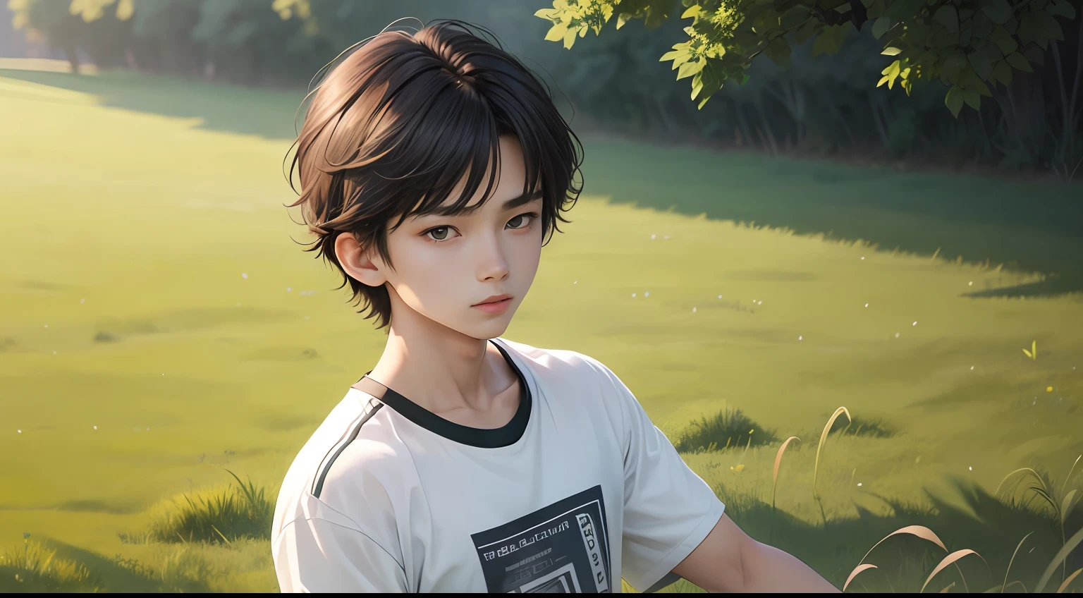 tmasterpiece,best qualtiy,(1人:1.3),16 yaers old,schoolboy,short detailed hair,brunette color hair,The shirt,sport,grass field,vibrancy,quadratic element --auto
