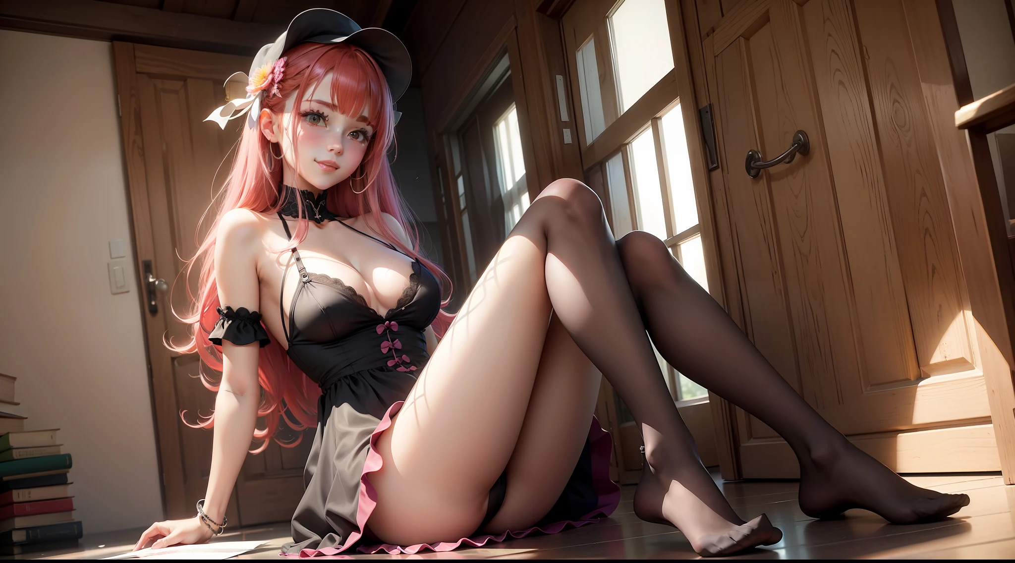 (Extreme Detail CG Unity 8K Wallpapers,tmasterpiece,Highest image quality),(Delicate light and shadow,The picture is highly dramatic,Cinematic lens effect)school ground、Female Student、Stand in the center of the lens、Paper、School supplies fell to the floor、holding books、standing on your feet、Long light red hair、Small and beautiful、with fair and smooth skin、Hole-in fishnet socks、shift dresses、grin、Slender eyebrows、Small nose、The eyes are deep and bright、Lips are rosy and plump 、The costume is simple、vibrancy、Bright colors、cozily、耳Nipple Ring、Bracelet、hair adornments、head gear、Wrist watch、Playful、Girly、stocklings、Black lace panties、Leg chains、fresh flowers、Cute shoes、Falling debris、Full body like、Dignified、中景 the scene is、petals、anime big breast、quadratic element --auto
