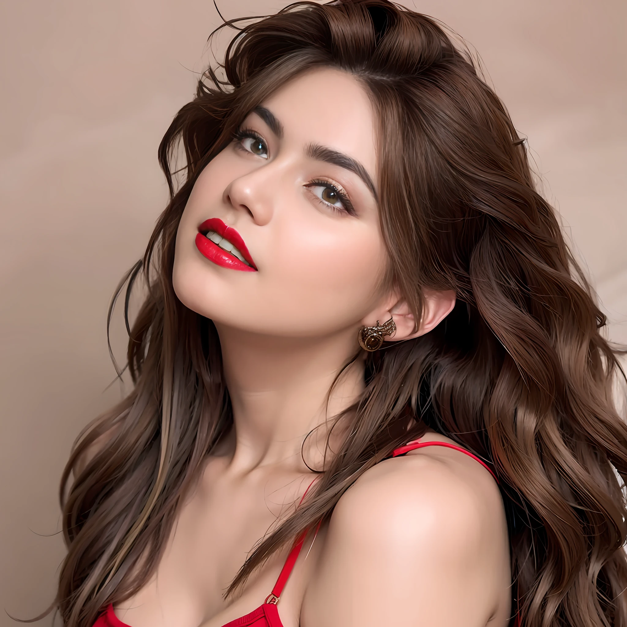 Woman posing for photo with long brown hair and red lipstick, vibrent red lipstick,