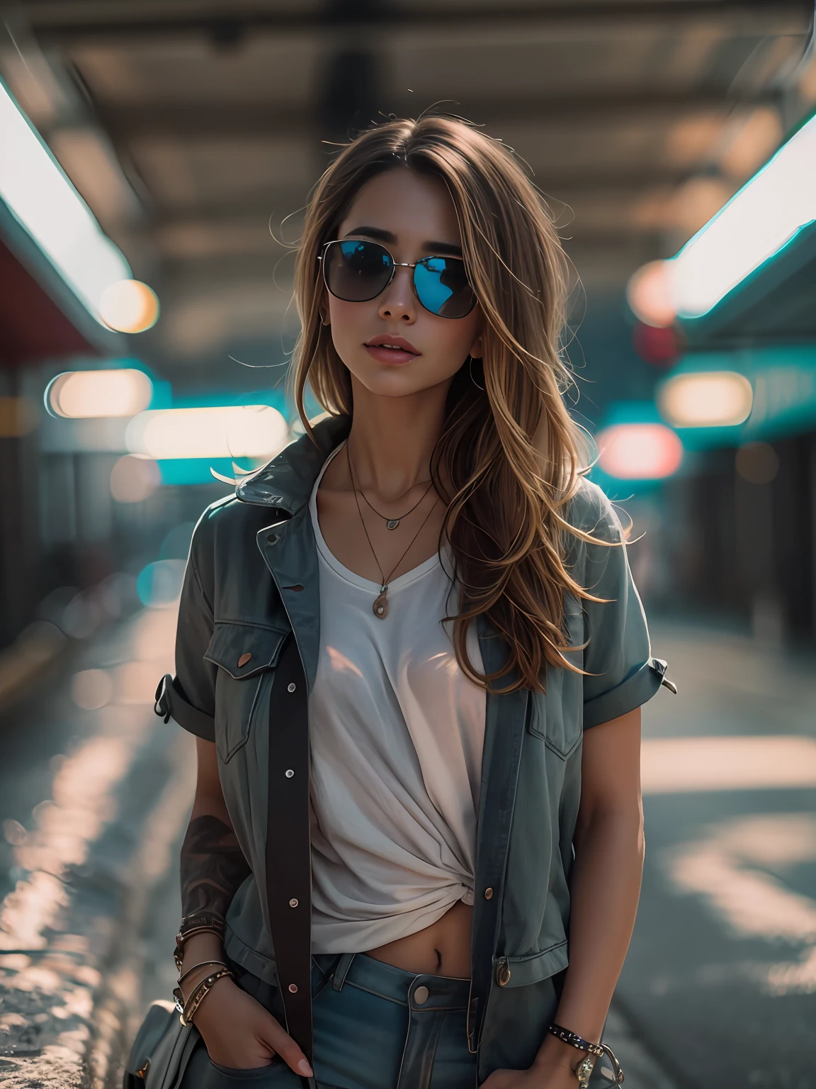 Urban Tumblr-style photo shoot with a Canon EOS Mark V camera, - 80mm anamorphic lens, ISO 100, shutter speed 1/1450s, Autofocus perfectly captures depth between shots, ultra sharp image, Contraste y color perfectos, Hora del atardecer, City with cyberpunk style and futuristic atmosphere with neon lights as a background, The model is the amazing actress Riley Reid wearing only sunglasses, posando audazmente, Cara bien definida, ojos color miel bien detallados, varios tatuajes en el cuello, Cara y brazos, Ultra-defined hair line by line, Piel bronceada perfecta que refleja la tenue luz de la puesta de sol, Super sexy photography, Consigue que la imagen luzca natural y casual