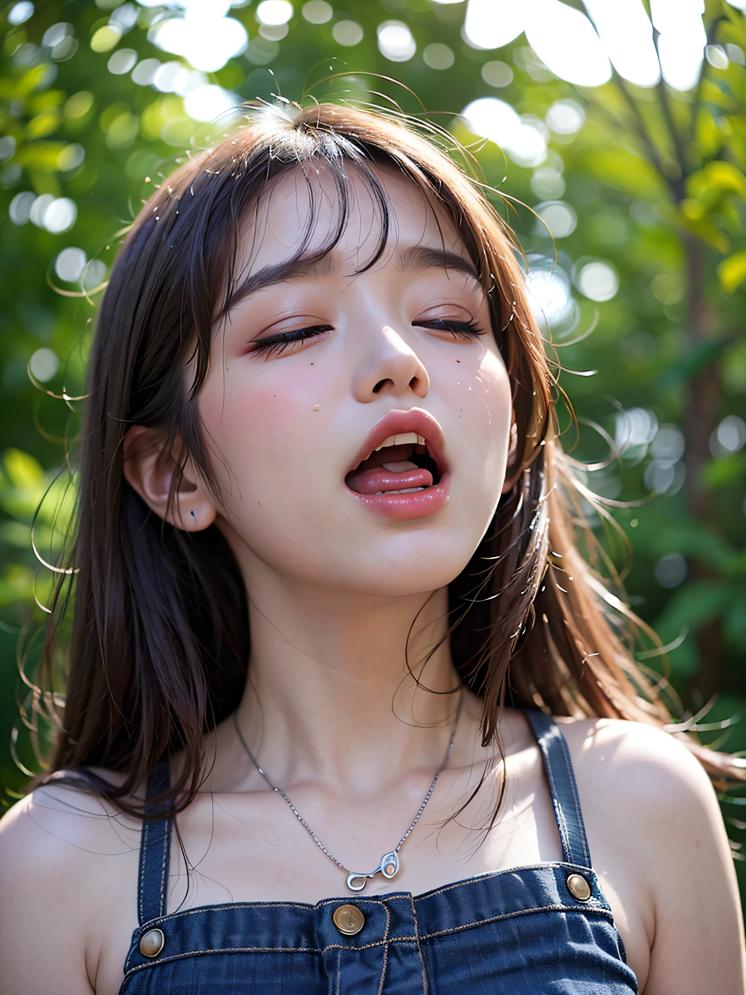 (Close eyes):2.0, (Open mouth):1.5 Real numbers、8yk、Raw photo、(masuter piece)、(top-quality)、Hi-Res、（（Looking Up)）(girl with)、(realisitic、Photorealsitic:1.2), Upper body、Sleeveless、skinny、14years、small tits、Eyes closed、Deep sadness、Sorrow、look up sky、Open mouth、screeming、Trem lotado、Background ,Old Eve、Background blur