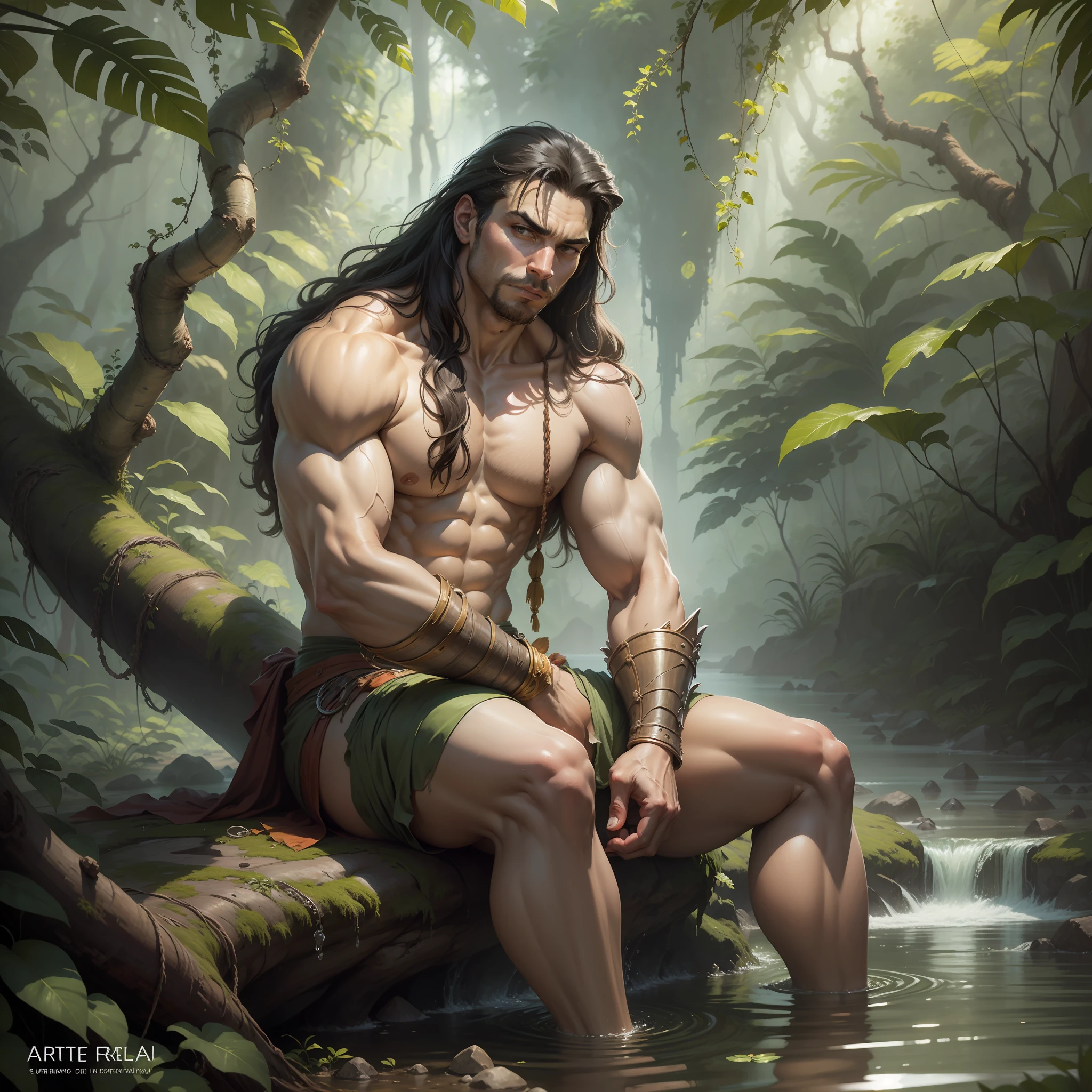 Tarzan sitting in front of a river in the jungle, arte digital, estilo Frank Frazetta, detalles, realista, 32 k, --auto --s2