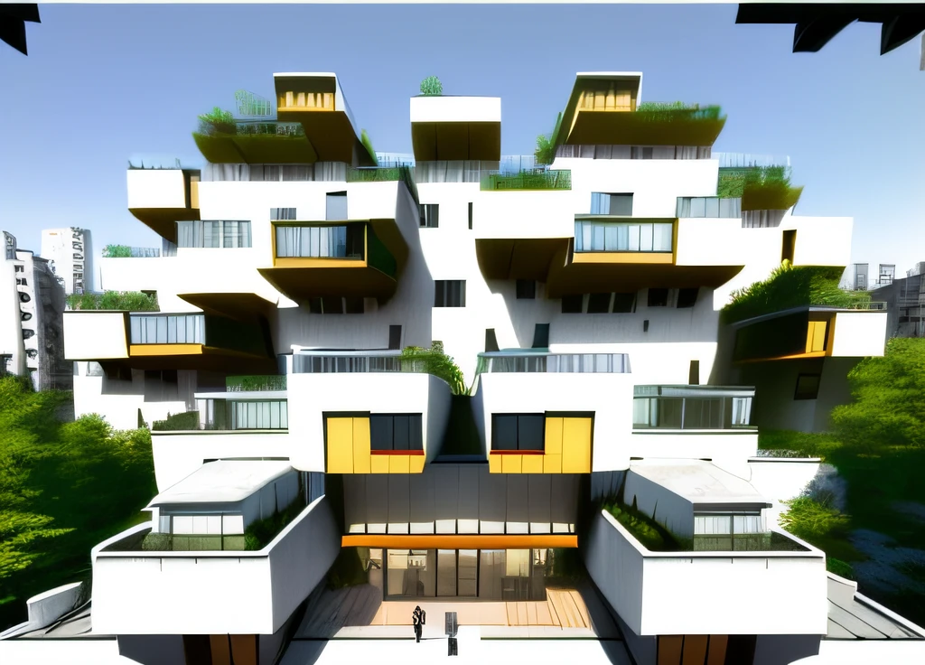 There is a large building,There are many windows at the top, ((habitat 67 background)), ( ( habitat 6 7 background ) ), habitat 67, habitat 6 7, white habitat 6 7, In the style of brutalism, Fauvist environment, Savage style, brutalist courtyard, Blame! Brutalist architecture, buildings covered with greebles