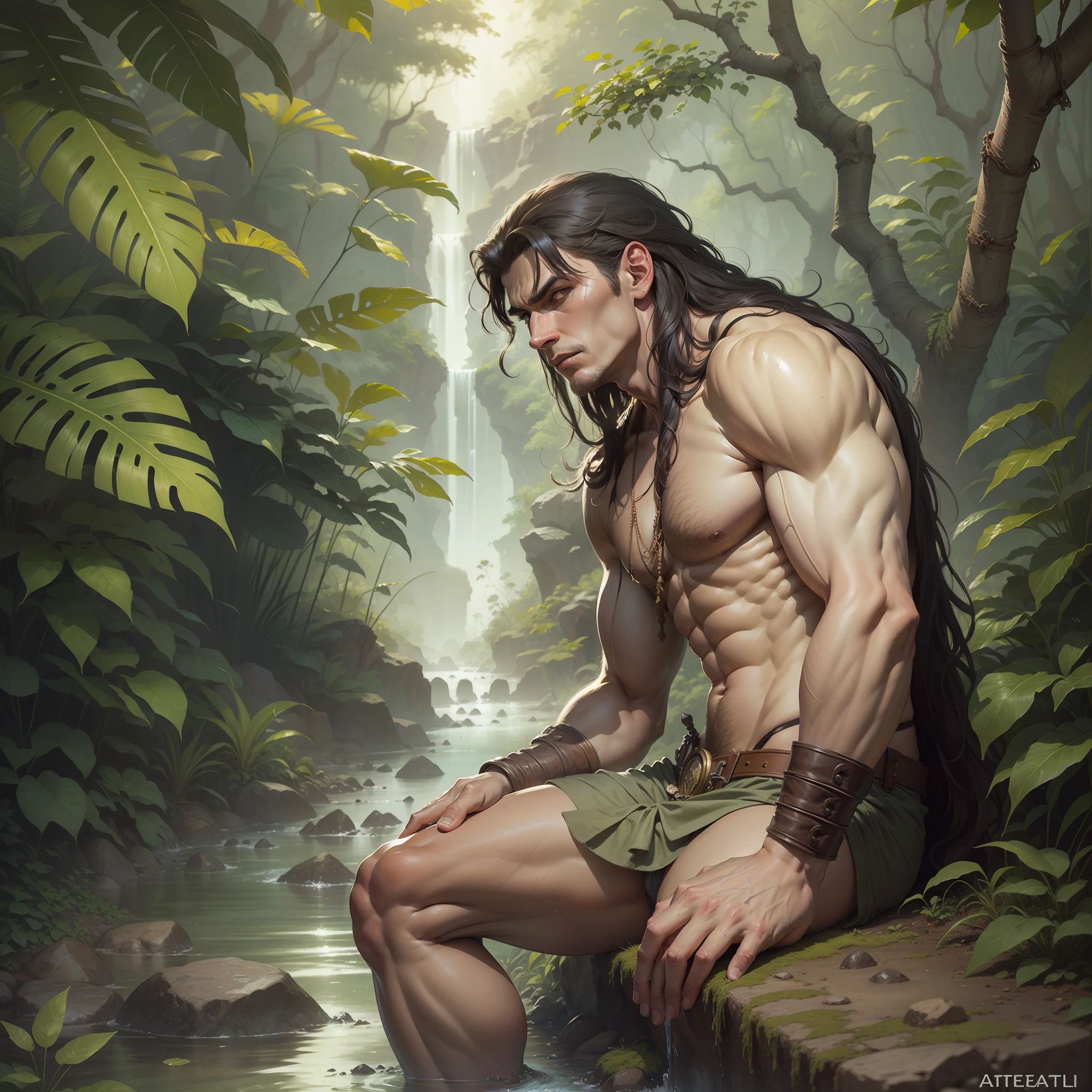 Tarzan sitting in front of a river in the jungle, arte digital, estilo Frank Frazetta, detalles, realista, 32 k, --auto --s2