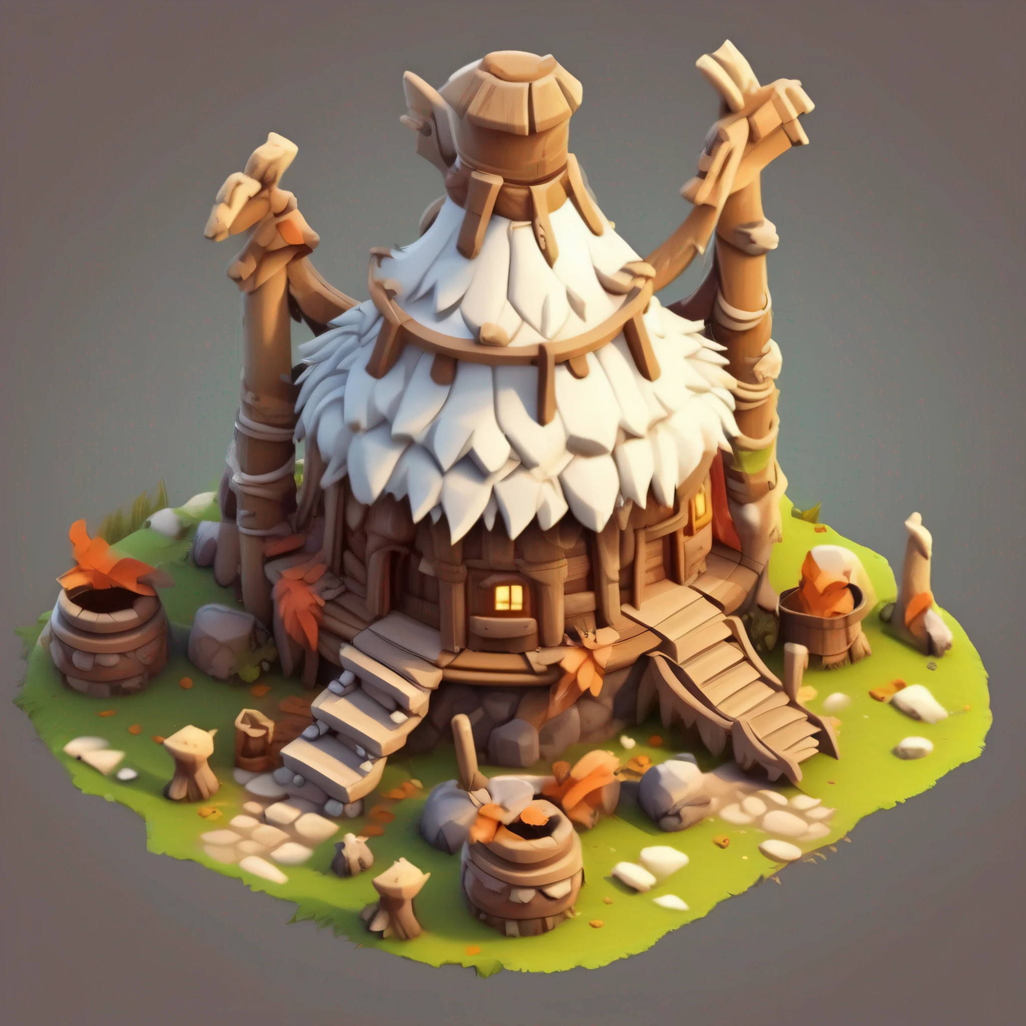 Isometric house，Primitive tribal architectural design，cartoonish style， Game architectural design，RPG style，（circular roof，Ivory decoration，The chief heads up），（3D model rendering、Primitive barbarian style），white backgrounid，Stone Age，Primordial period，clash of clans style，Cartoon model rendering，low poly， best detail， tmasterpiece， best qualtiy， toon rendering， 8K