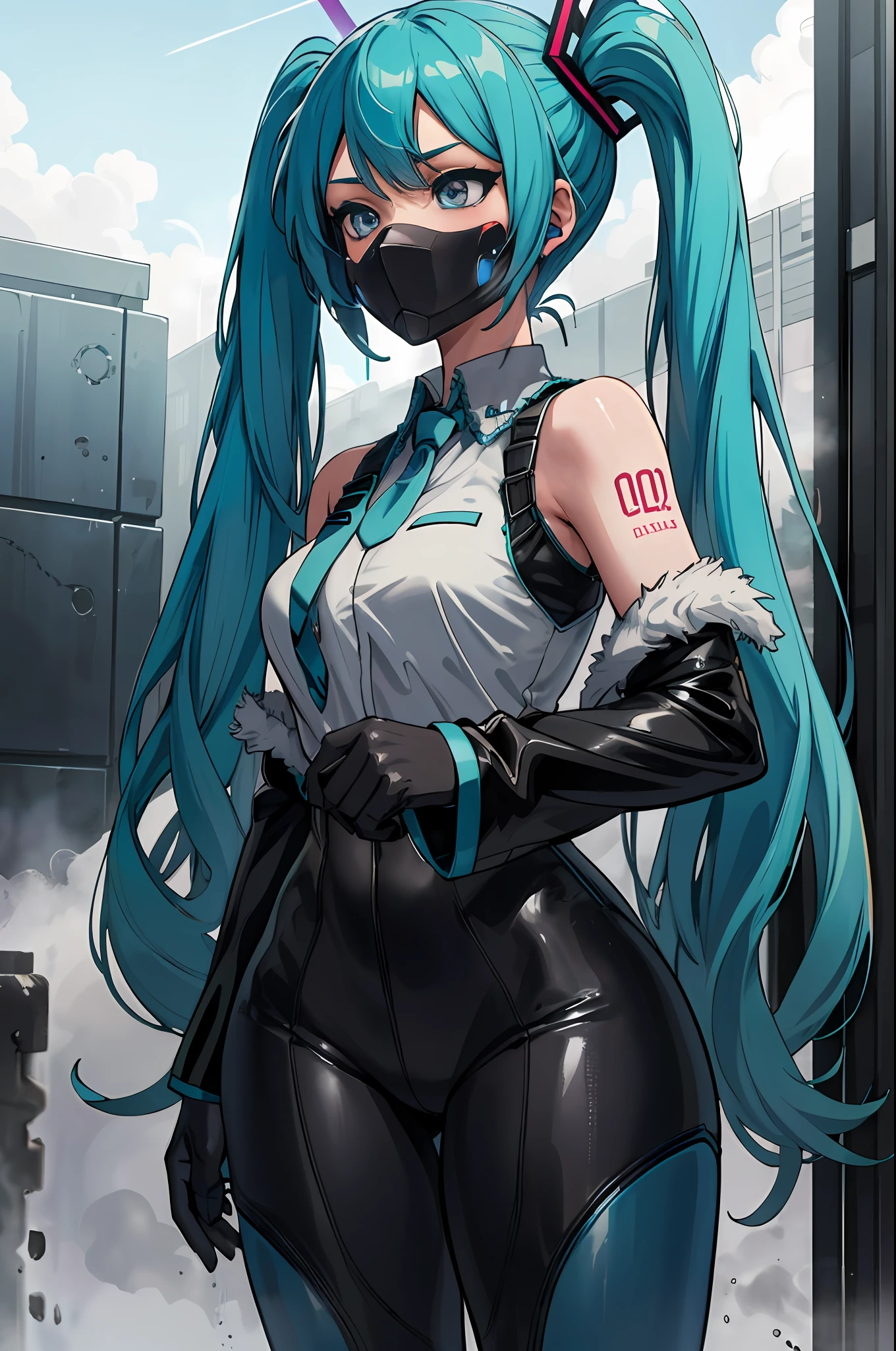 anime girl, hatsune miku, ((heavy steam)), ((steam, mist, mist)), haze, focusing screen, ((skin tight)),saori \(Blue Archive\), mouth mask,