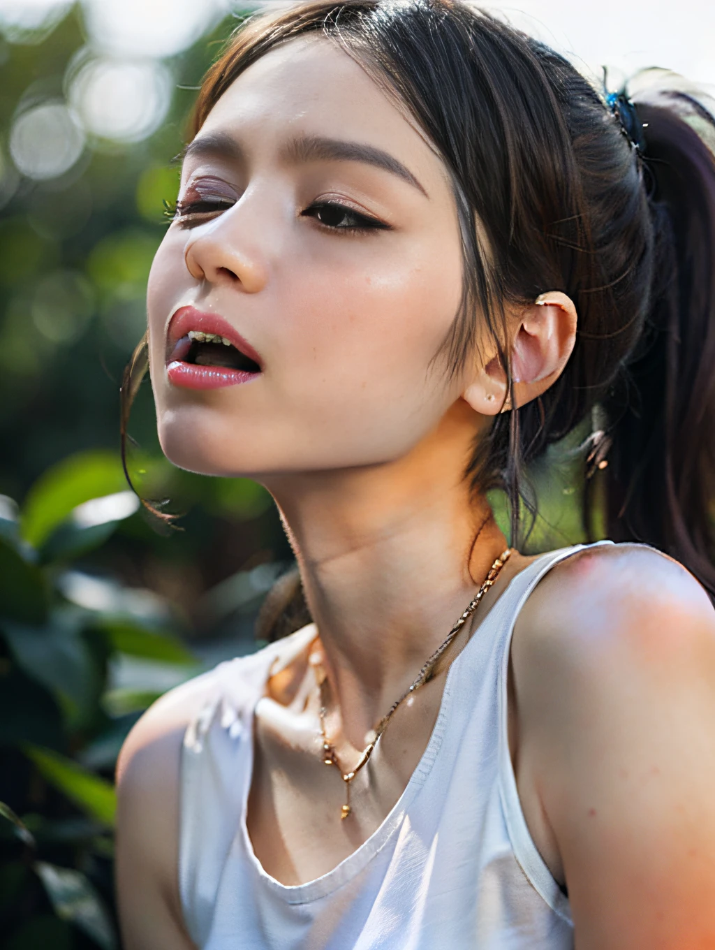 one girl,Close eyes):2.0, (Open mouth):1.5 Real numbers、8yk、Raw photo、(masuter piece)、(top-quality)、Hi-Res、（（Looking Up)）(girl with)、(realisitic、Photorealsitic1.5), Upper body、Ponytail,Sleeveless、skinny、14years、small tits、Eyes closed、Deep sadness、Sorrow、look up sky、Open mouth、screeming、Background blur